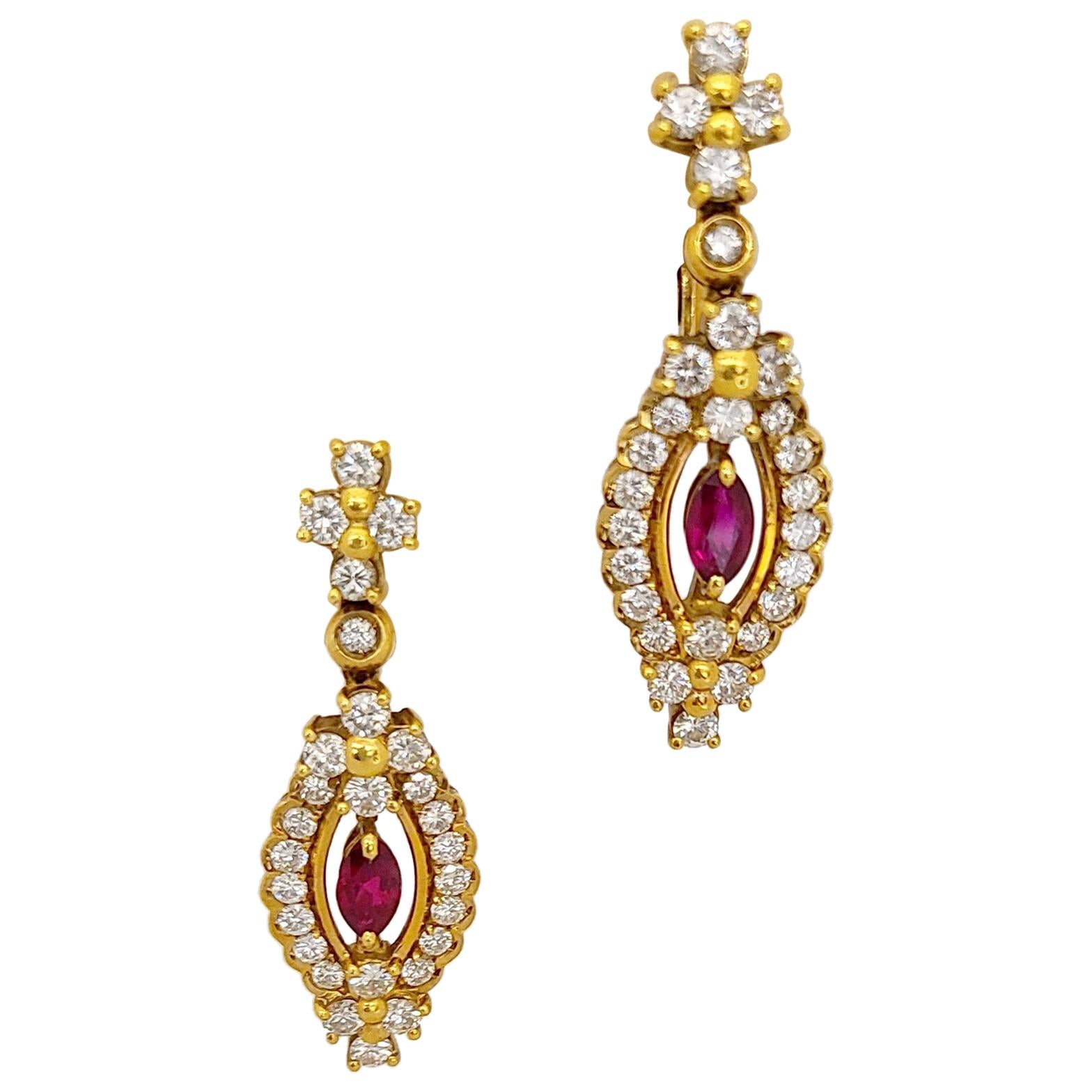 Cellini NYC 18 Karat Yellow Gold 3.09Ct. Diamonds & 1.18Ct. Ruby Drop Earrings For Sale