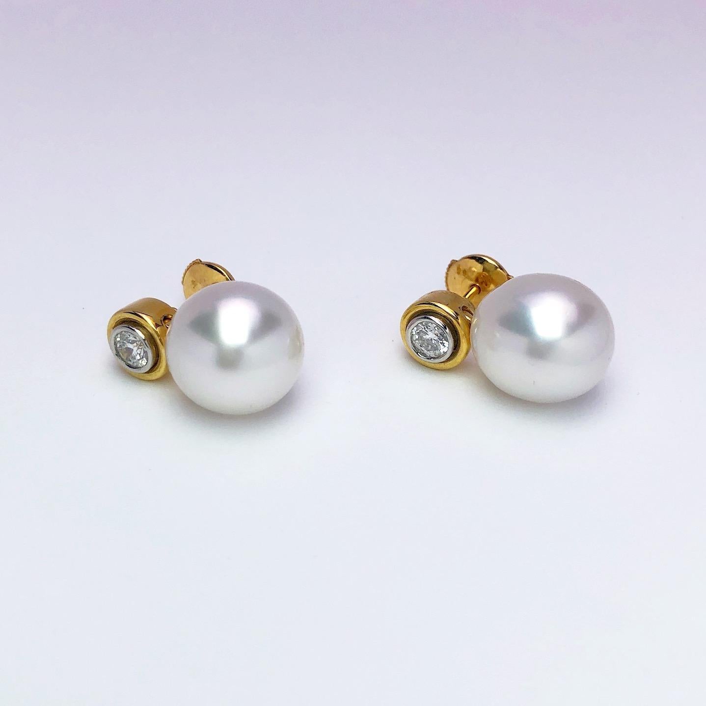 Round Cut Cellini NYC 18 Karat Yellow Gold South Sea Pearl and Diamond Drop Earrings For Sale