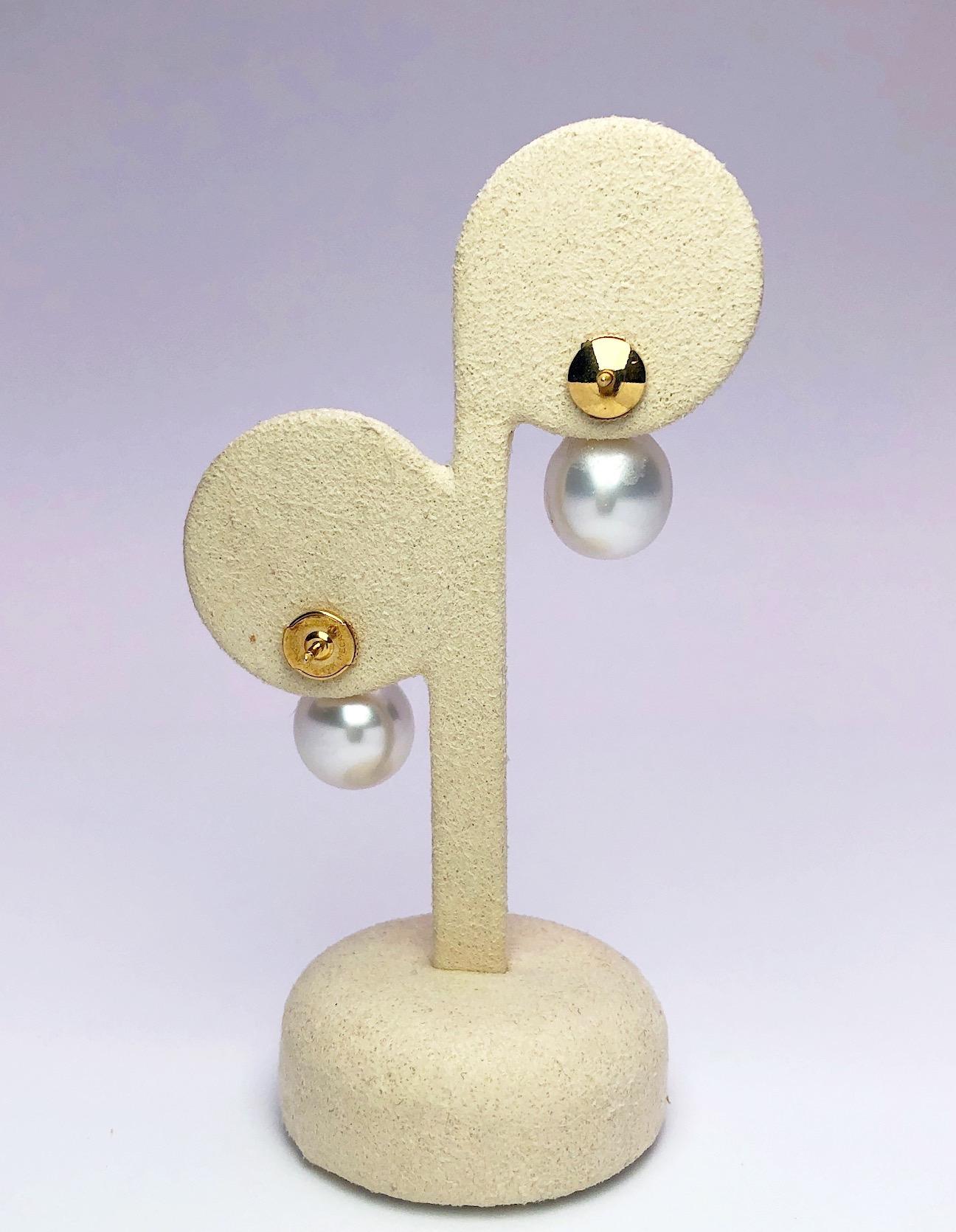 Cellini NYC 18 Karat Yellow Gold South Sea Pearl and Diamond Drop Earrings For Sale 3