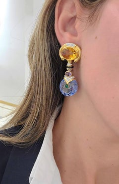 Cellini NYC 18 Karat Gold Drop Earrings with Citrine, Blue Topaz and Diamonds