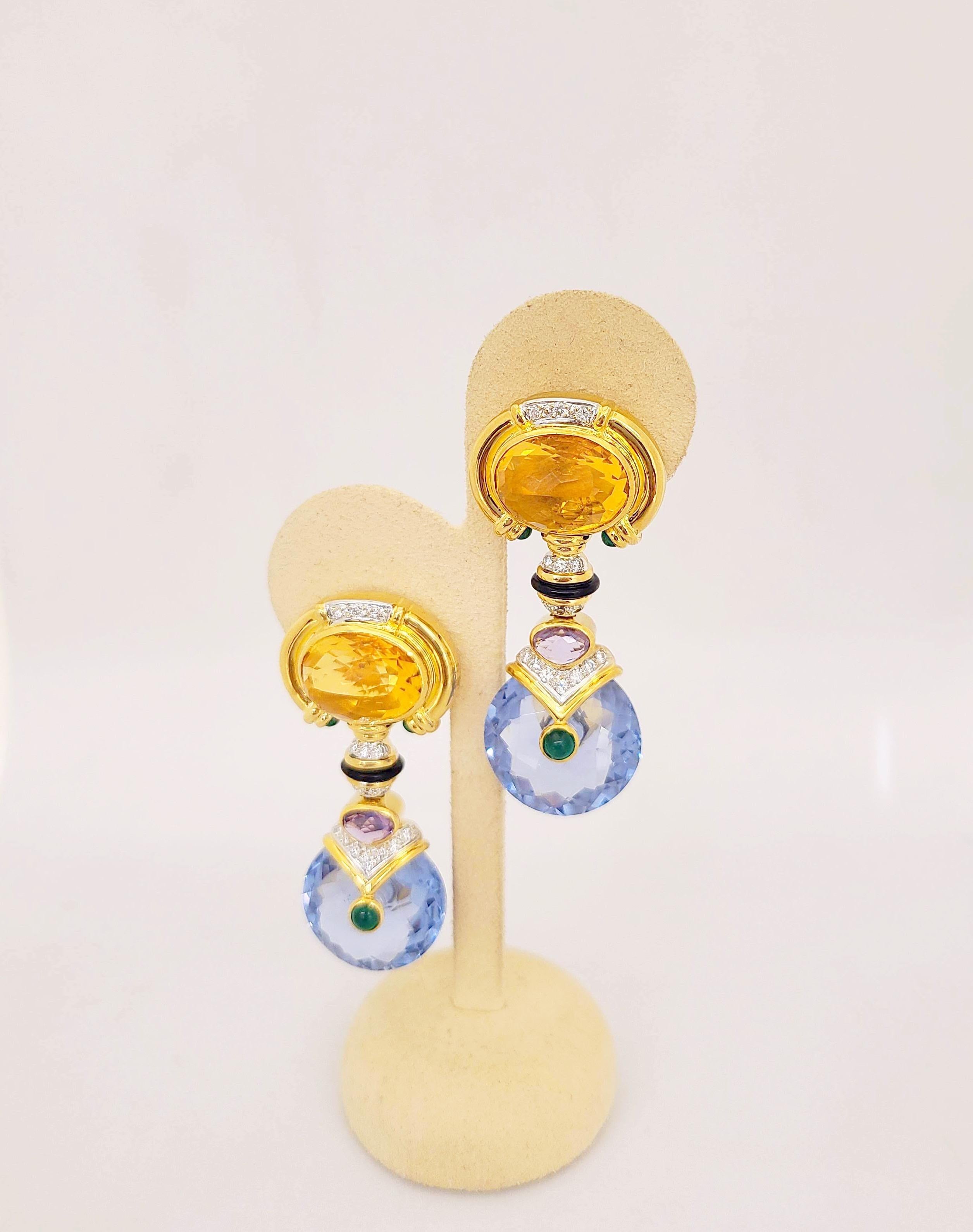 Contemporain Cellini NYC Boucles d'oreilles en goutte en or 18 carats avec citrine, topaze bleue et diamants en vente