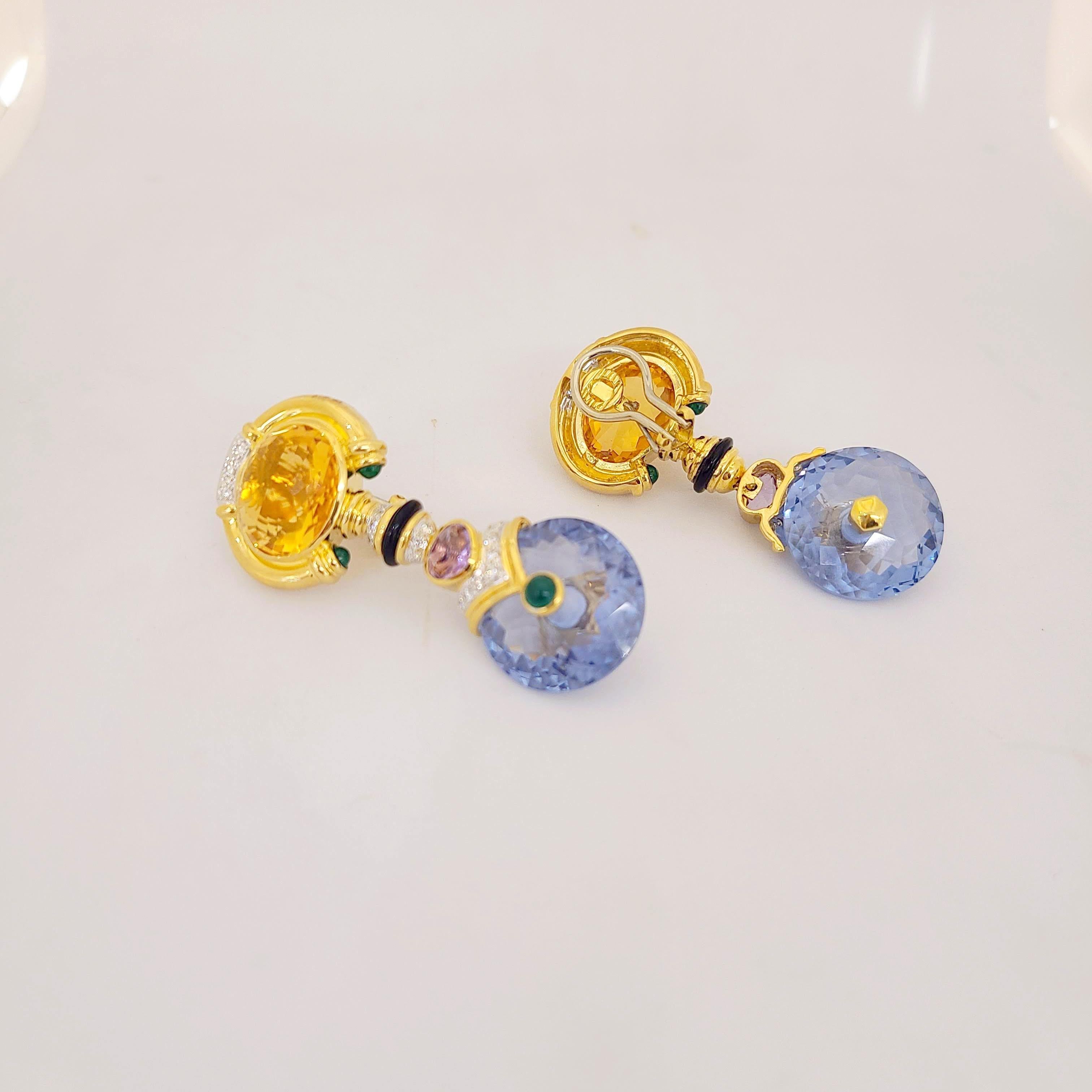 Taille ovale Cellini NYC Boucles d'oreilles en goutte en or 18 carats avec citrine, topaze bleue et diamants en vente
