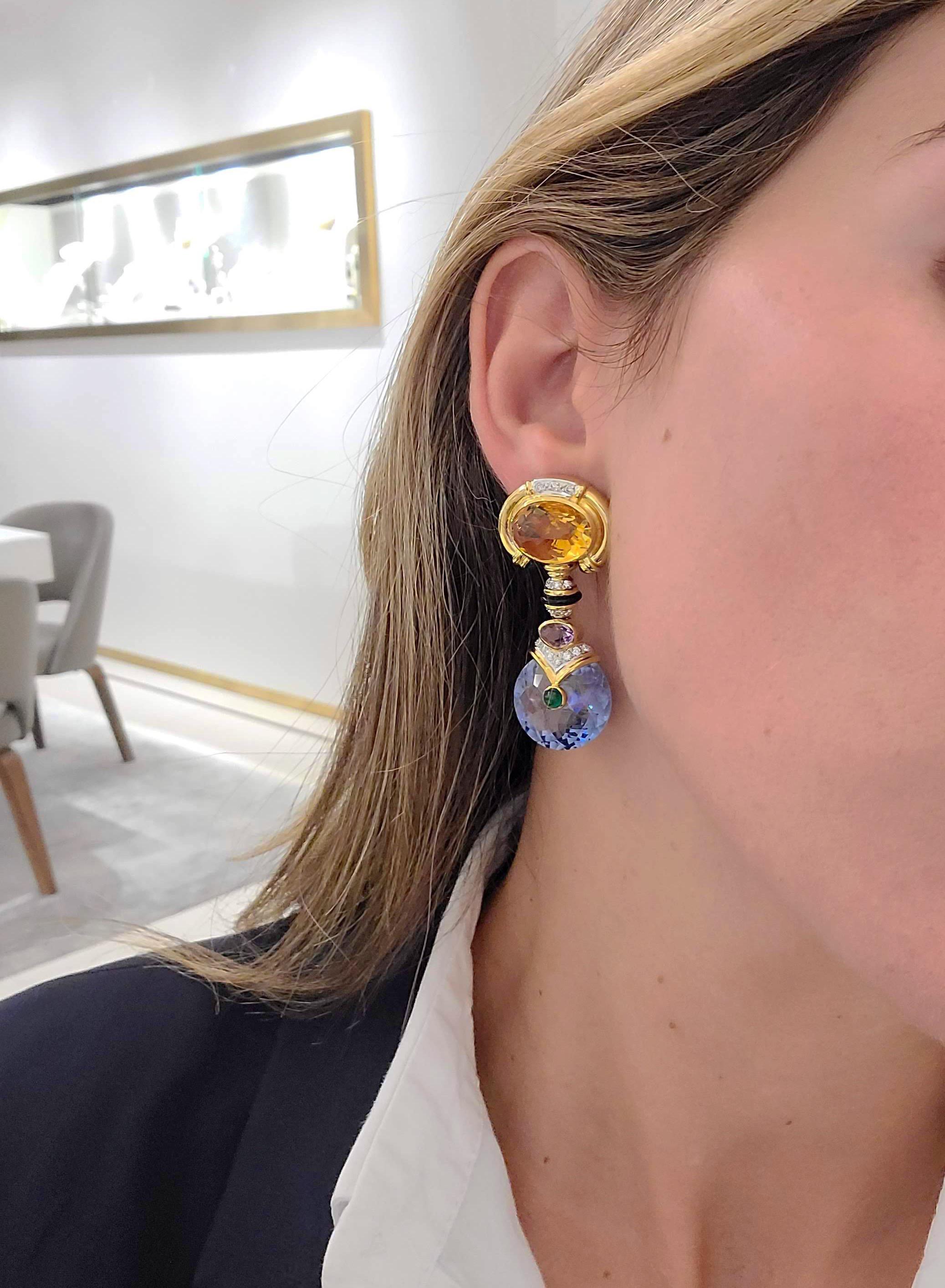 Oval Cut Cellini NYC 18 Karat Gold Drop Earrings with Citrine, Blue Topaz and Diamonds For Sale