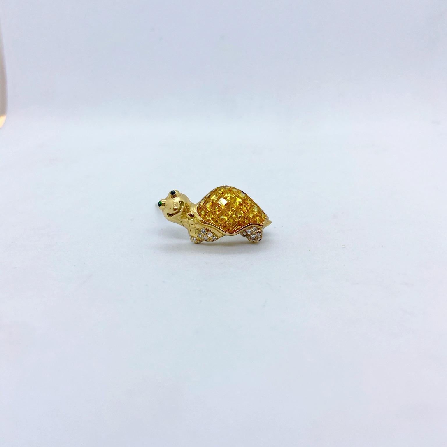 Contemporary Cellini NYC 18 Karat Yellow Gold Happy Turtle Diamond and Yellow Sapphire Brooch