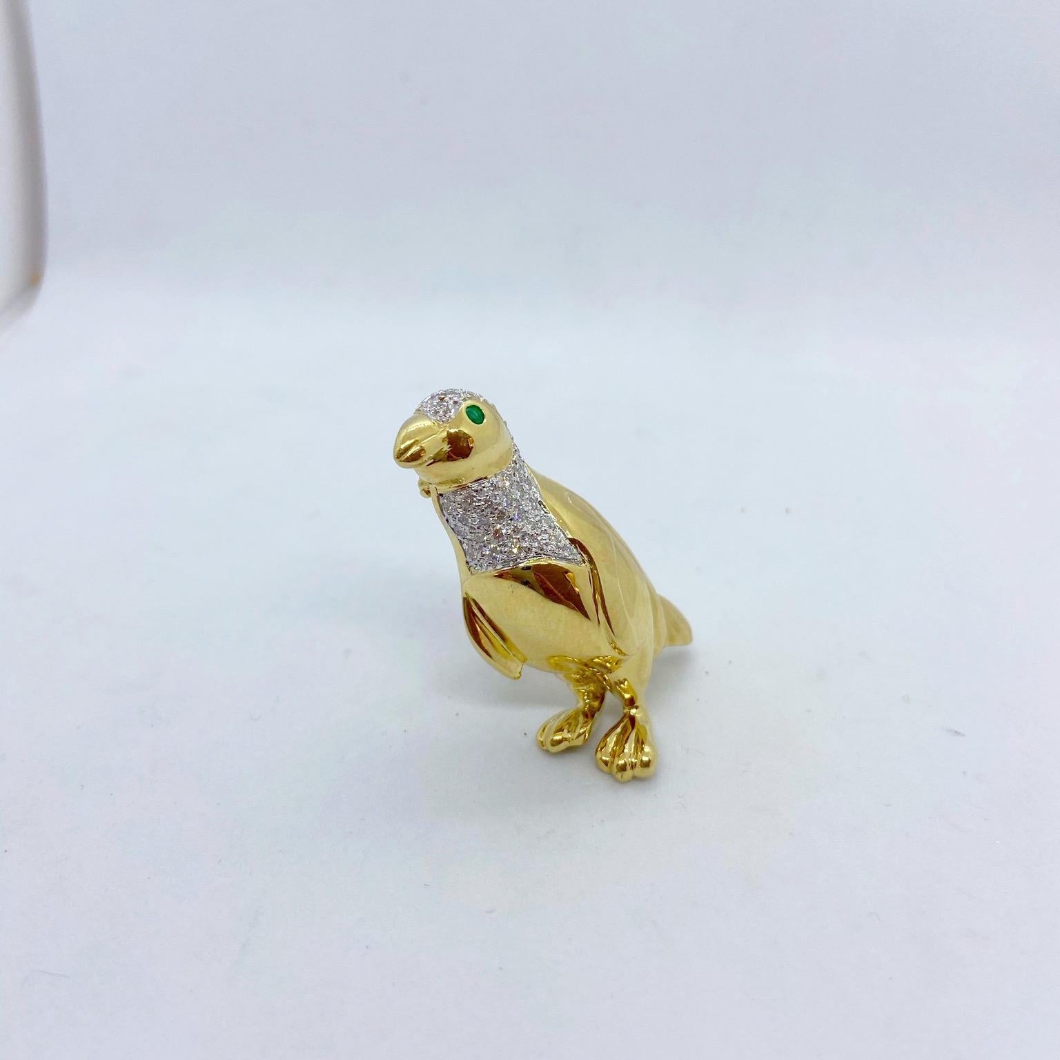 Contemporary Cellini NYC 18KT Yellow Gold Large Penguin Brooch with .76Ct. Diamonds & Emerald