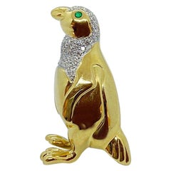 Cellini NYC 18KT Yellow Gold Large Penguin Brooch with .76Ct. Diamonds & Emerald
