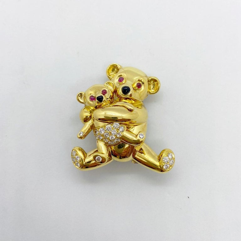 Cellini NYC 18 Karat Gold Mama and Baby Teddy Bear Brooch with Diamonds and Ruby 1