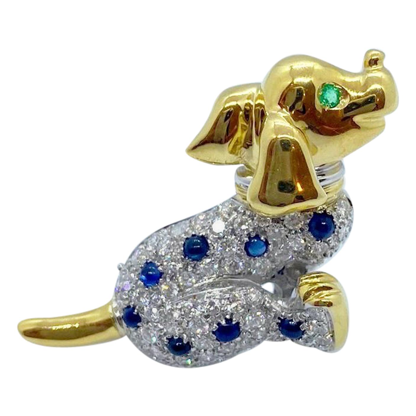 Cellini NYC 18KT YG/WG Gold Dalmatian Brooch with .98Ct. Diamonds & Sapphires