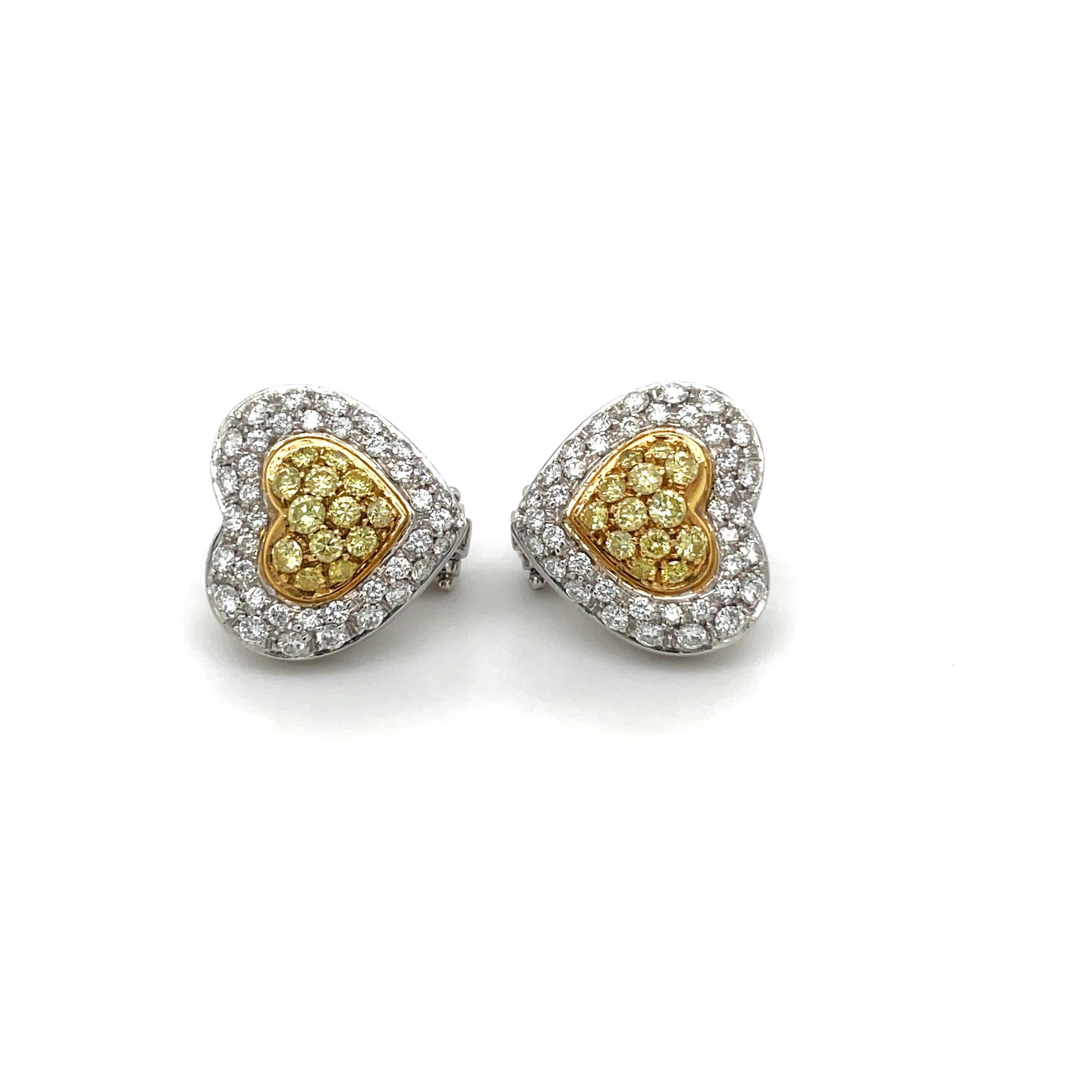 Cellini Pavé Diamond Heart Studs with .64Ct. Pavé Yellow Diamond Center In New Condition For Sale In New York, NY