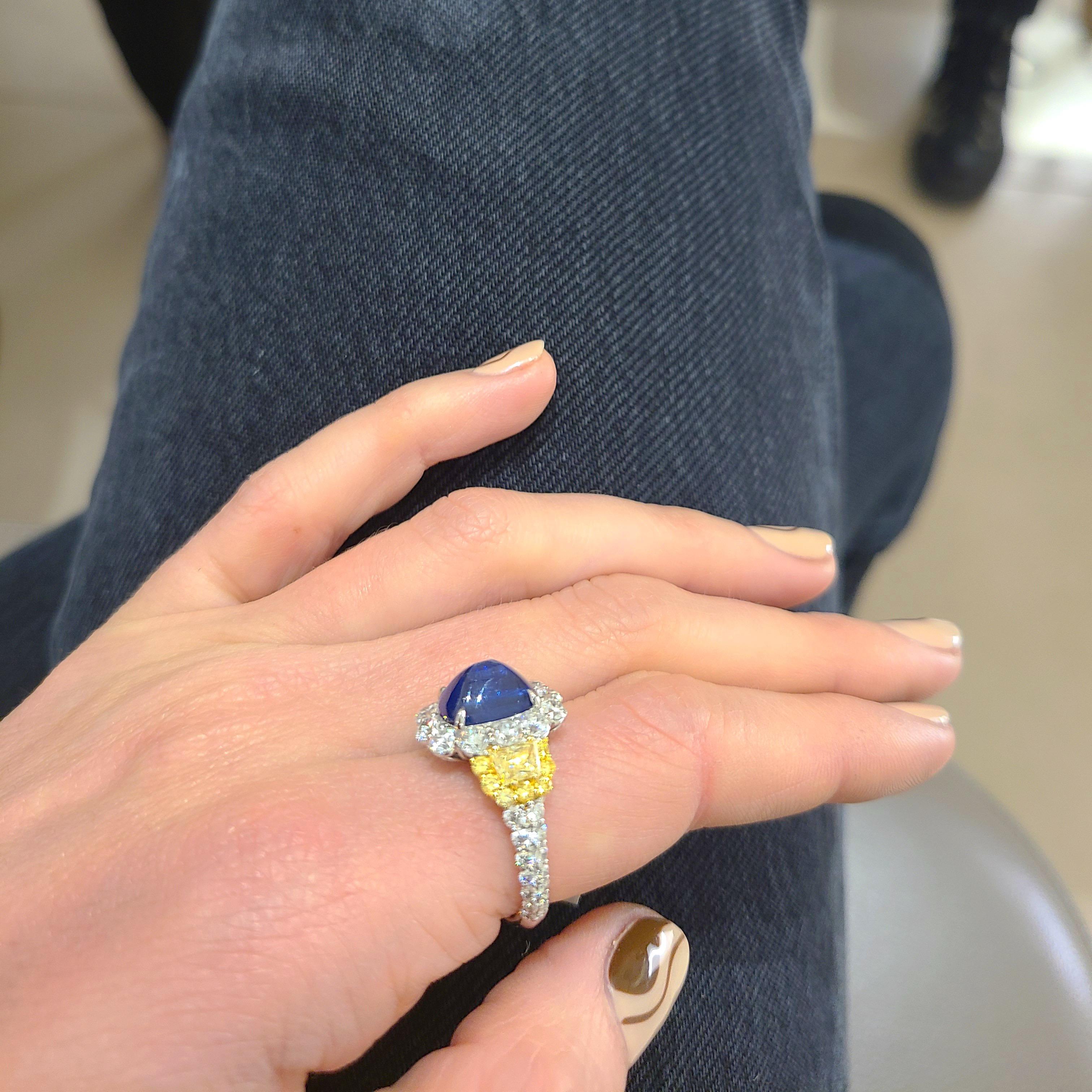 Cellini Plat/18KT 4.27Ct. Sugarloaf Sapphire, Fancy Yellow & White Diamond Ring For Sale 4