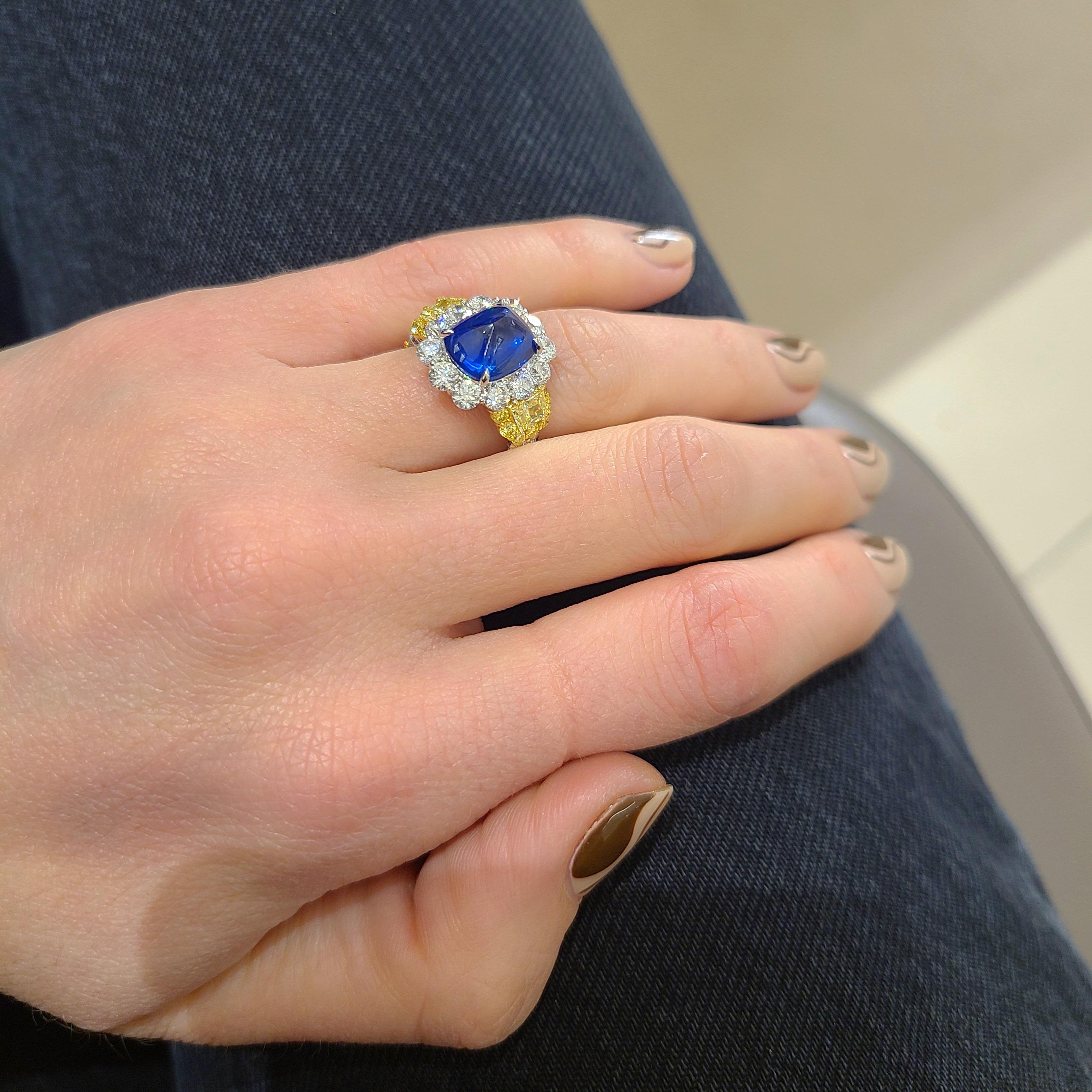 Cellini Plat/18KT 4.27Ct. Sugarloaf Sapphire, Fancy Yellow & White Diamond Ring For Sale 5