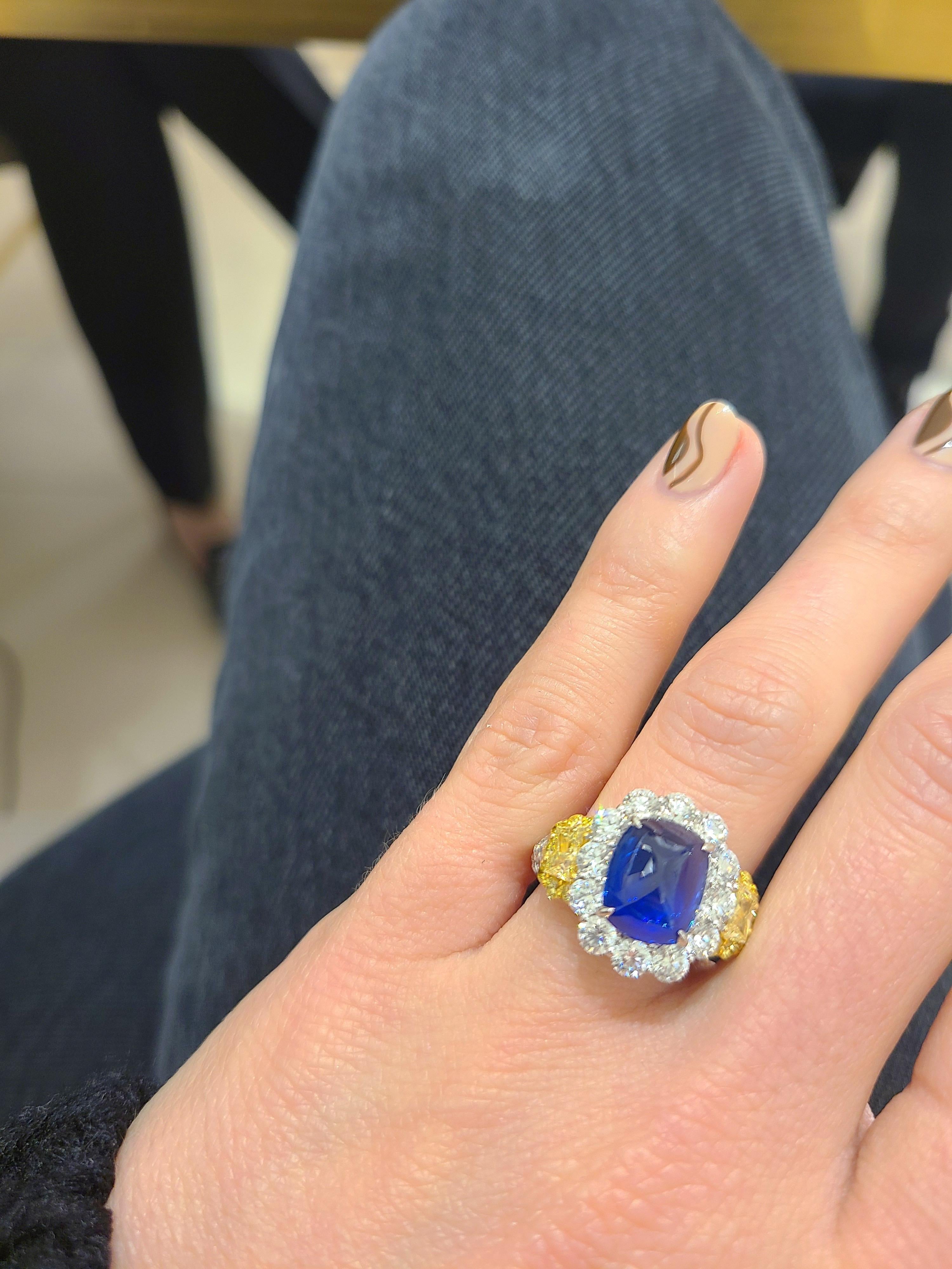 Cellini Plat/18KT 4.27Ct. Sugarloaf Sapphire, Fancy Yellow & White Diamond Ring For Sale 6