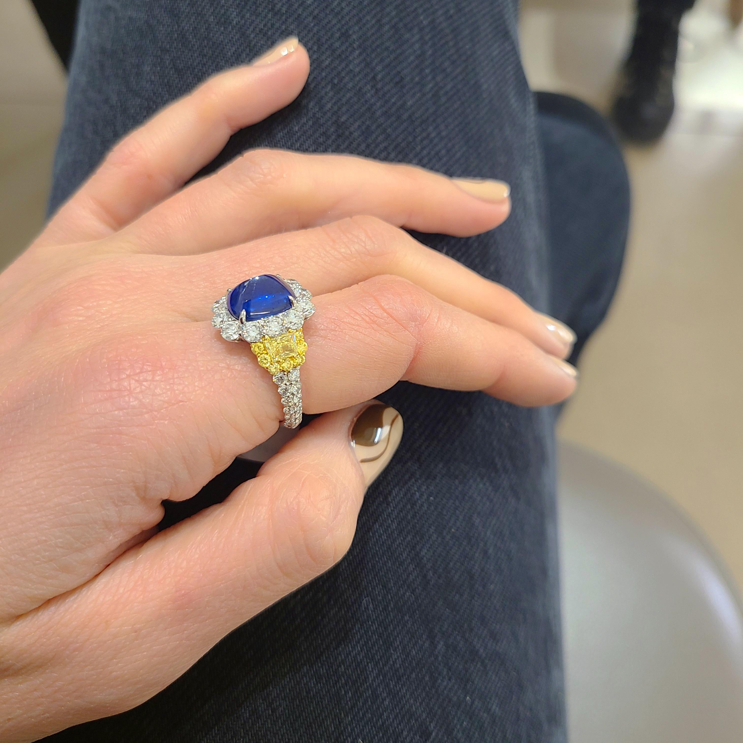 Cellini Plat/18KT 4.27Ct. Sugarloaf Sapphire, Fancy Yellow & White Diamond Ring For Sale 7