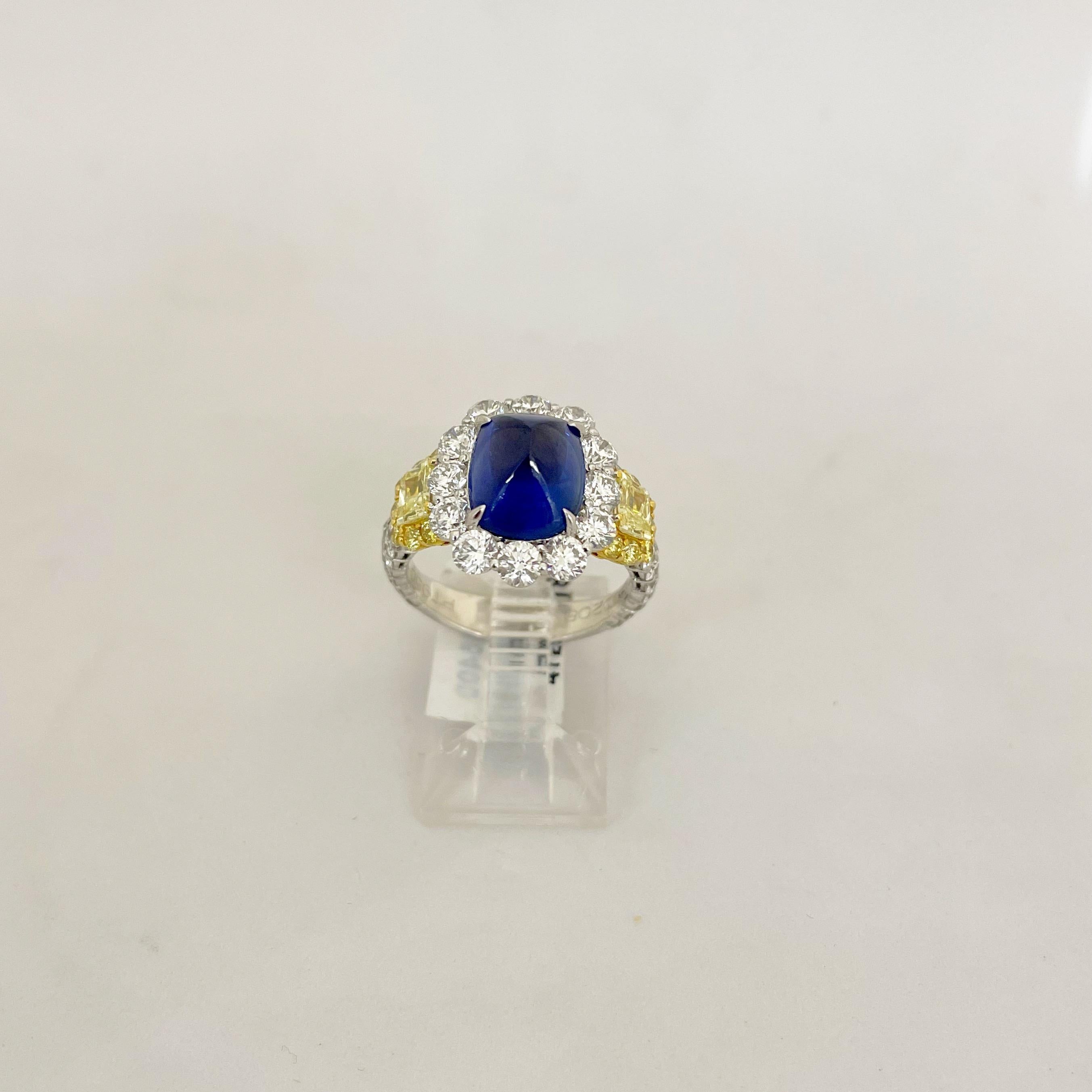 Contemporary Cellini Plat/18KT 4.27Ct. Sugarloaf Sapphire, Fancy Yellow & White Diamond Ring For Sale