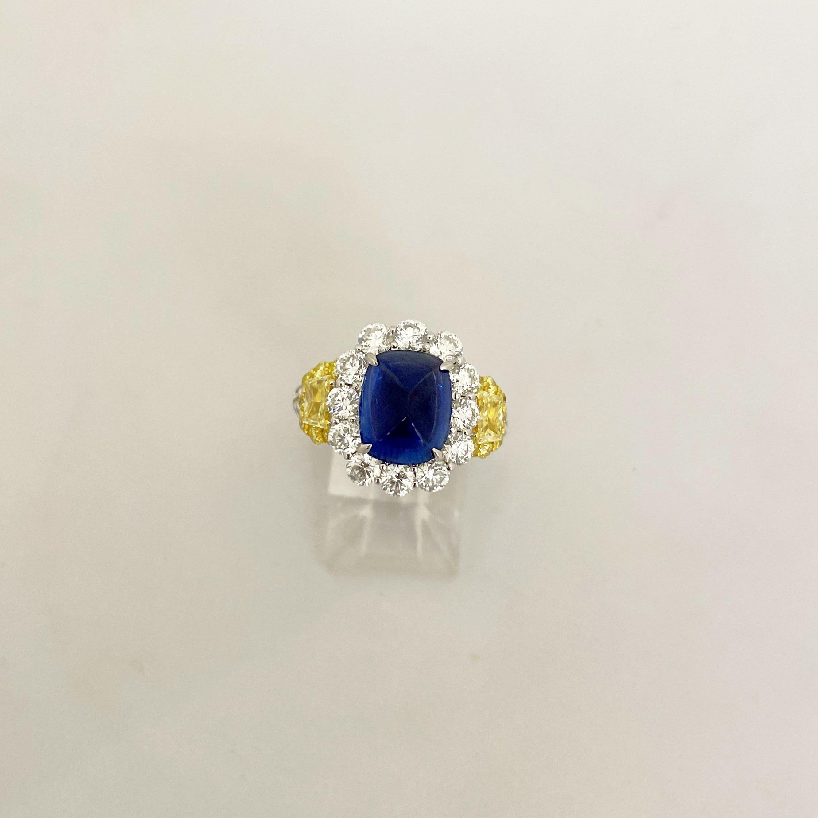 Cellini Plat/18KT 4.27Ct. Sugarloaf Sapphire, Fancy Yellow & White Diamond Ring In New Condition For Sale In New York, NY