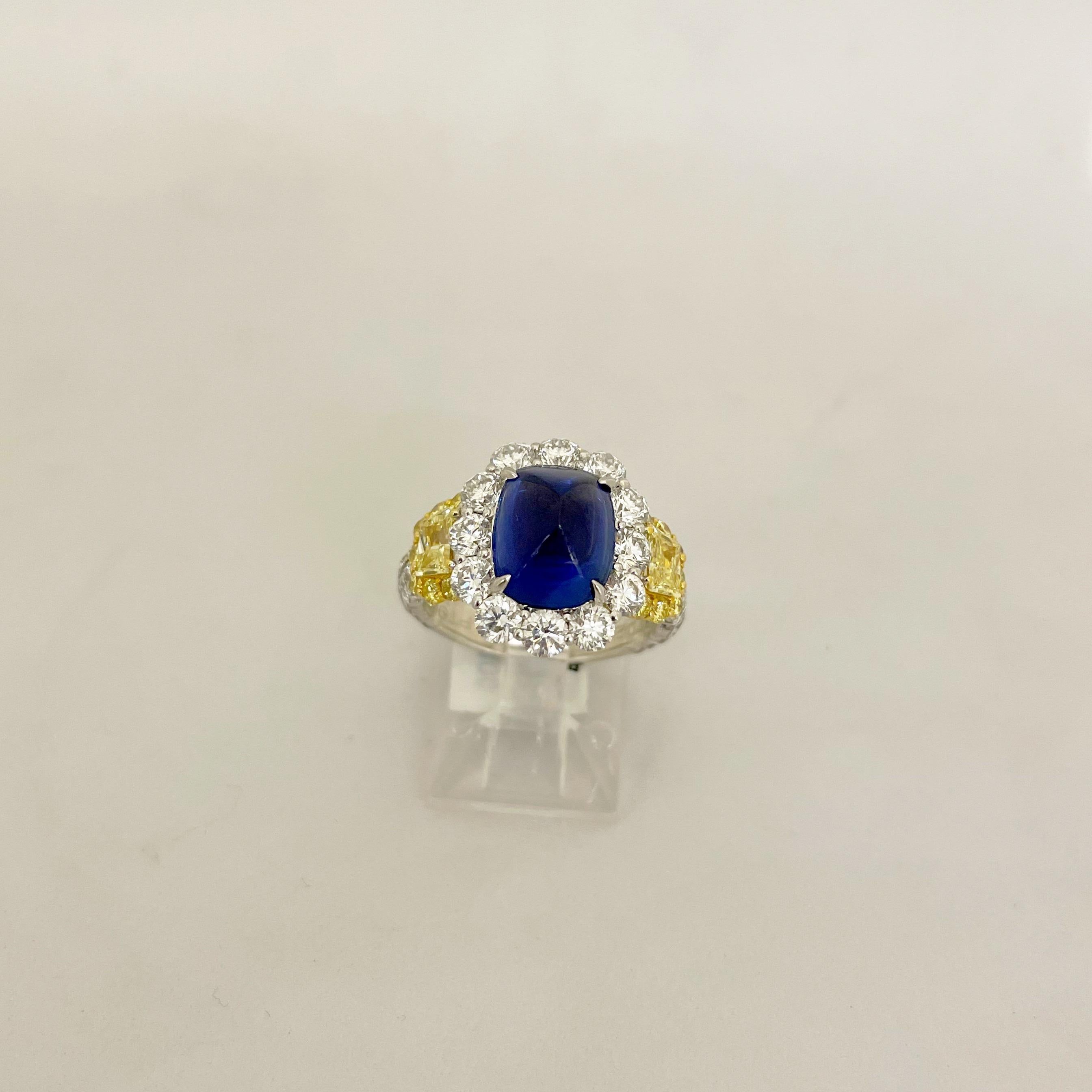 Women's or Men's Cellini Plat/18KT 4.27Ct. Sugarloaf Sapphire, Fancy Yellow & White Diamond Ring For Sale