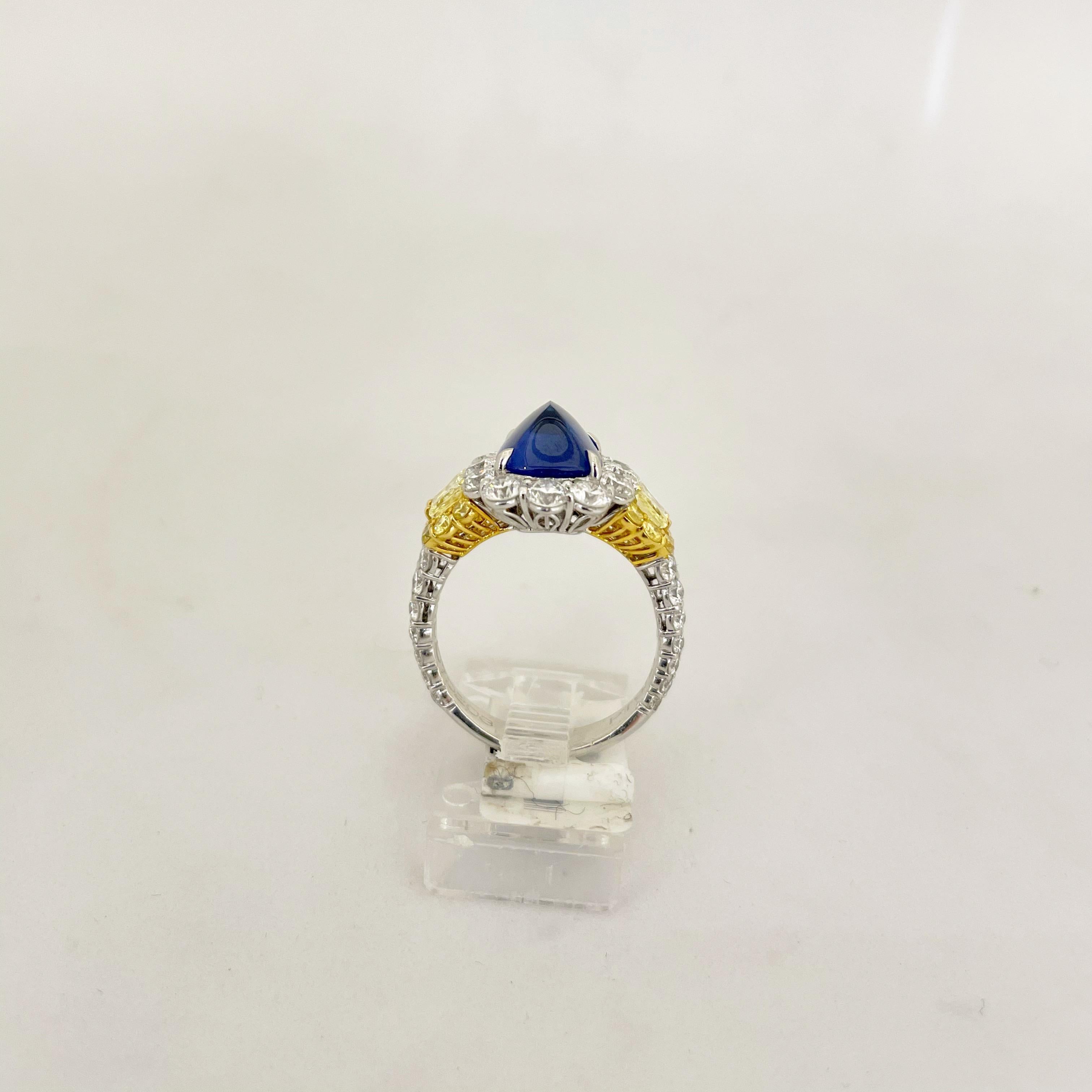 Cellini Plat/18KT 4.27Ct. Sugarloaf Sapphire, Fancy Yellow & White Diamond Ring For Sale 1