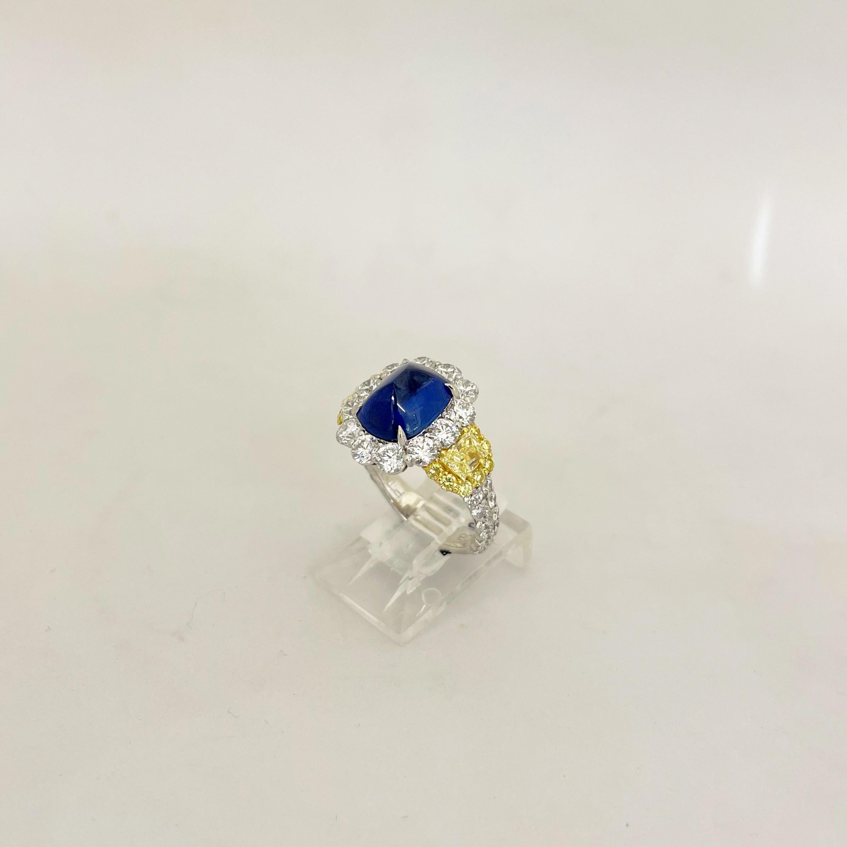 Cellini Plat/18KT 4.27Ct. Sugarloaf Sapphire, Fancy Yellow & White Diamond Ring For Sale 2