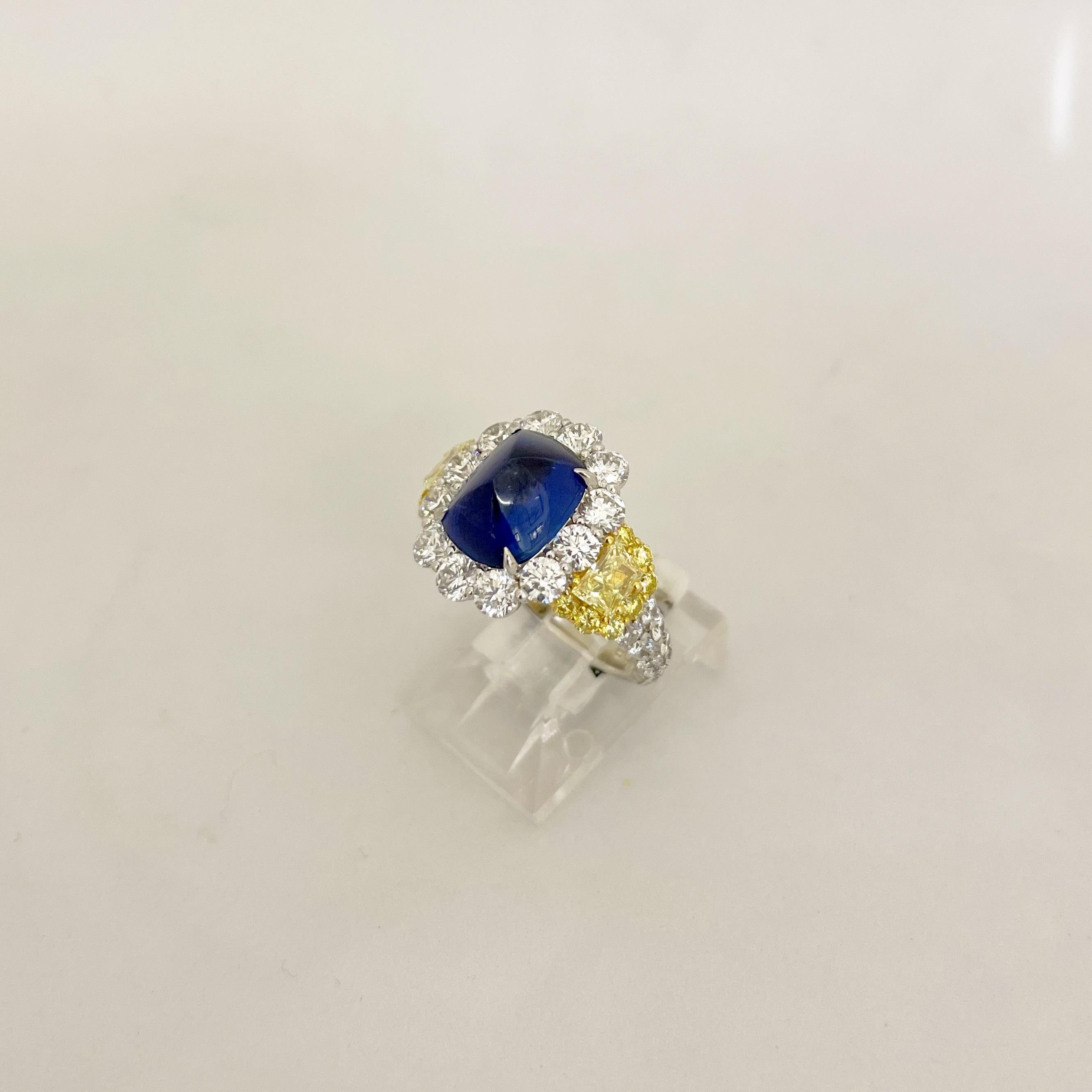 Cellini Plat/18KT 4.27Ct. Sugarloaf Sapphire, Fancy Yellow & White Diamond Ring For Sale 3