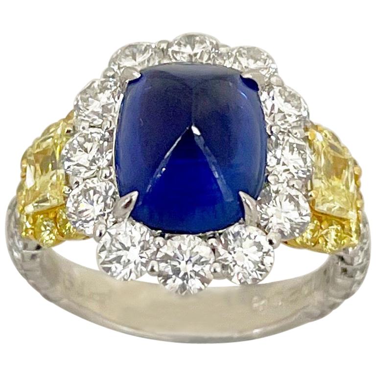 Cellini Plat/18KT 4.27Ct. Sugarloaf Sapphire, Fancy Yellow & White Diamond Ring For Sale