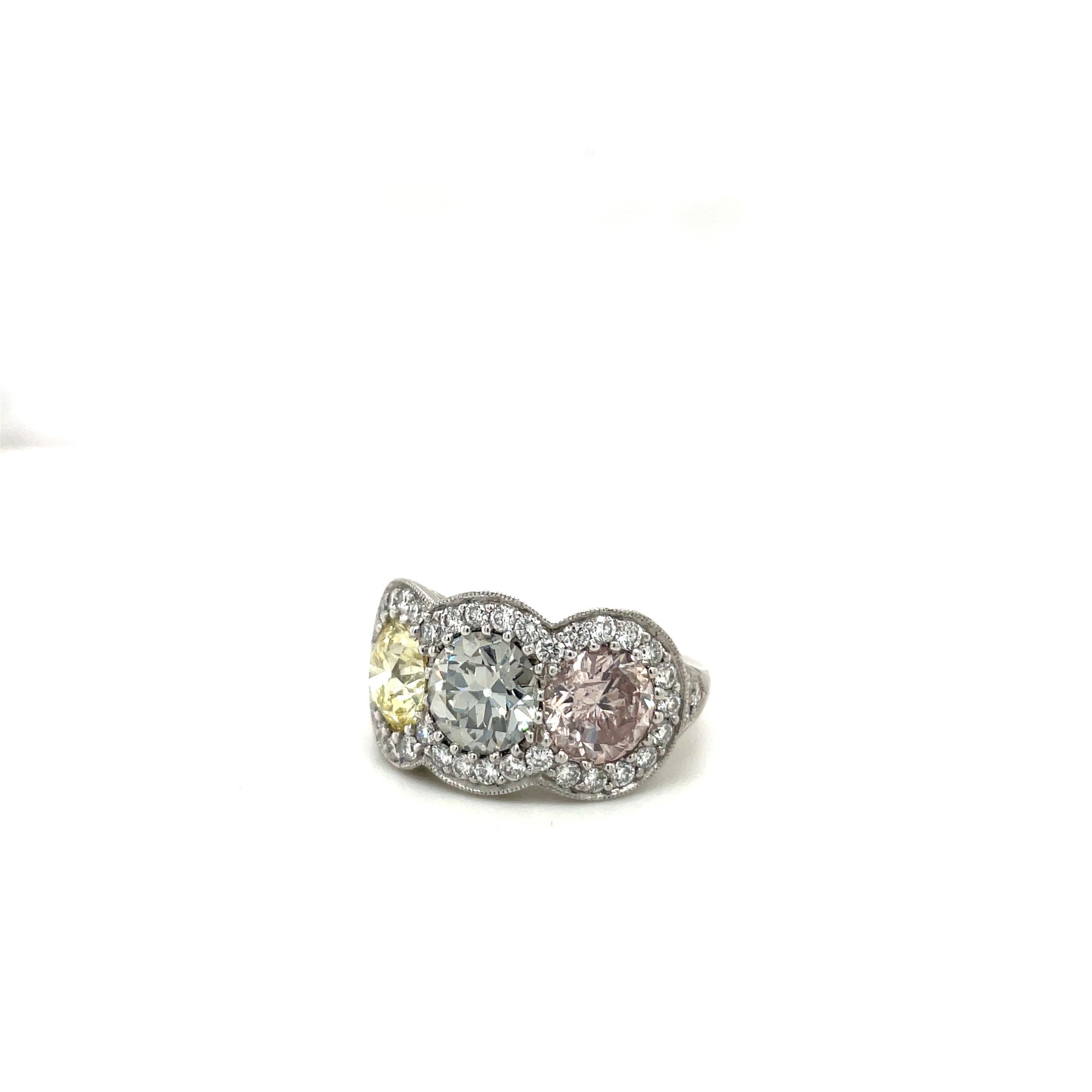 Cellini Plat Fancy Colored 1.43Ct Pink 1.34Ct Yellow 1.53Ct Grey Diamond Ring For Sale 1