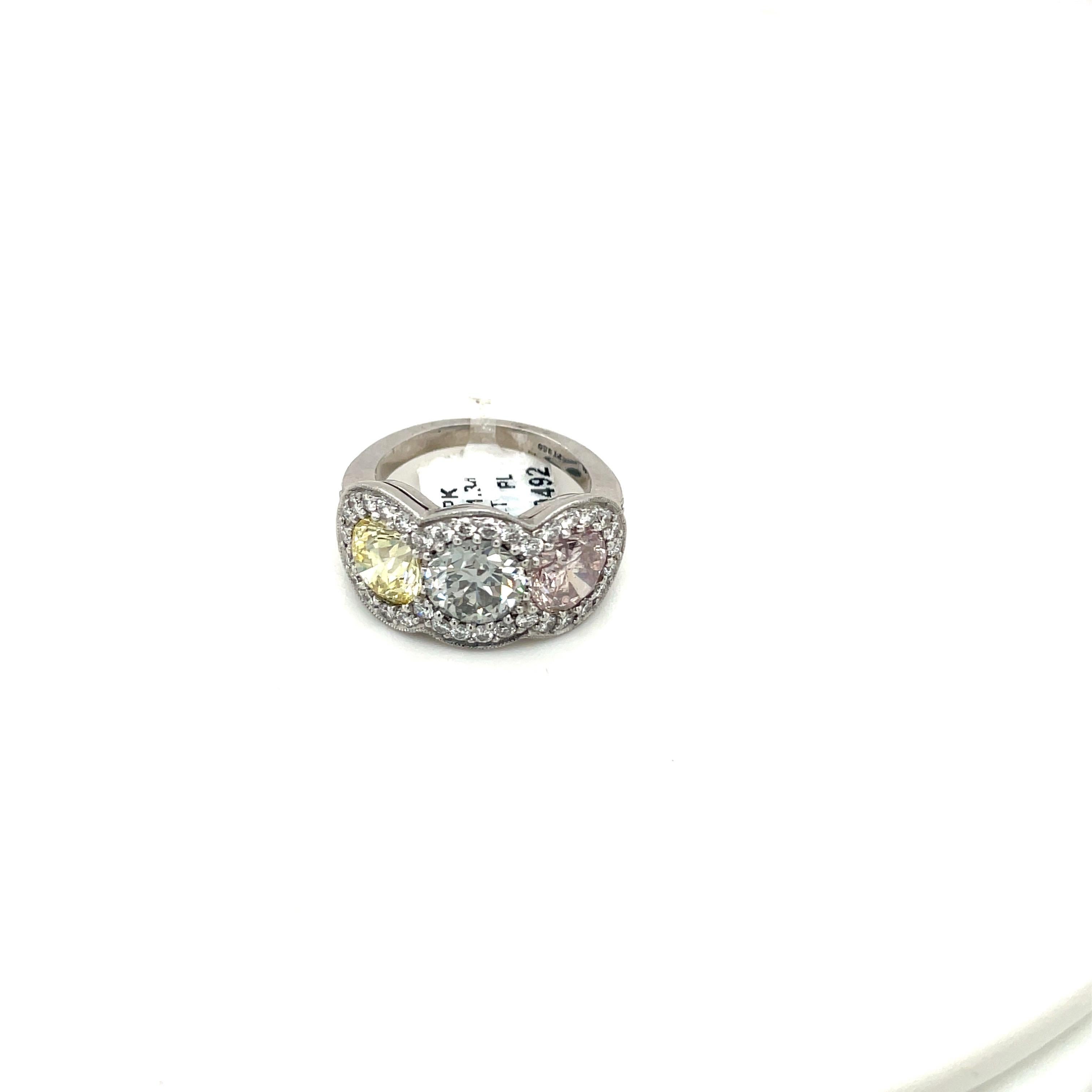 Cellini Plat Fancy Colored 1.43Ct Pink 1.34Ct Yellow 1.53Ct Grey Diamond Ring For Sale 3