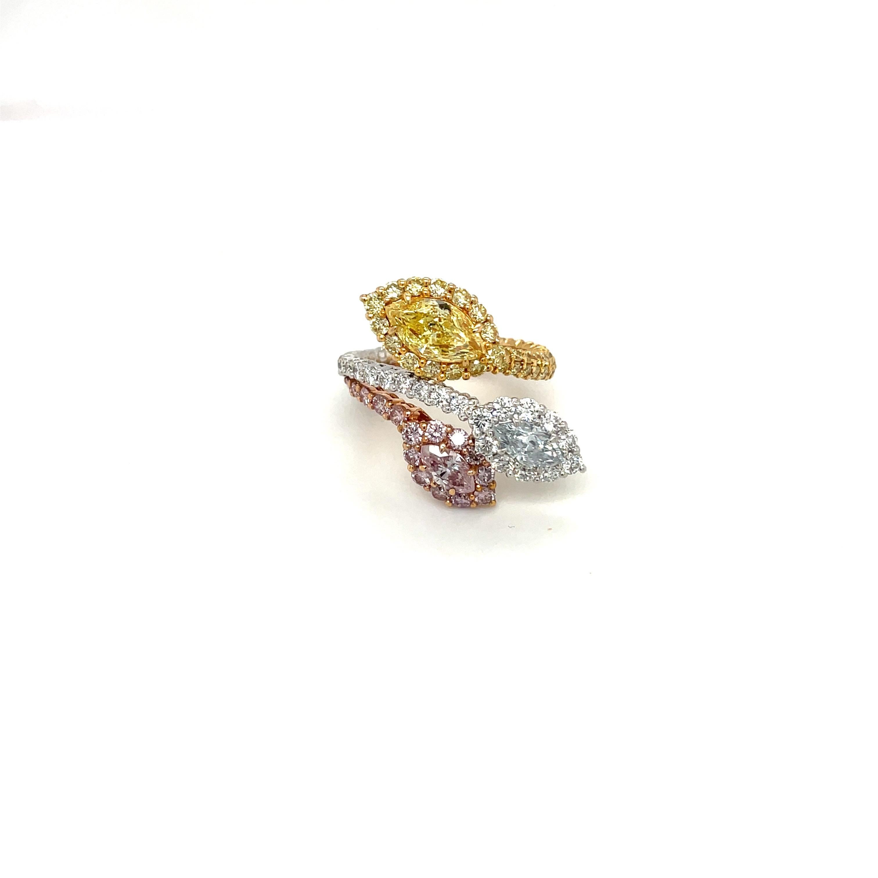 Contemporary Cellini Platinum & 18kt Natural Fancy Pink, Blue, & Yellow Diamond Ring For Sale