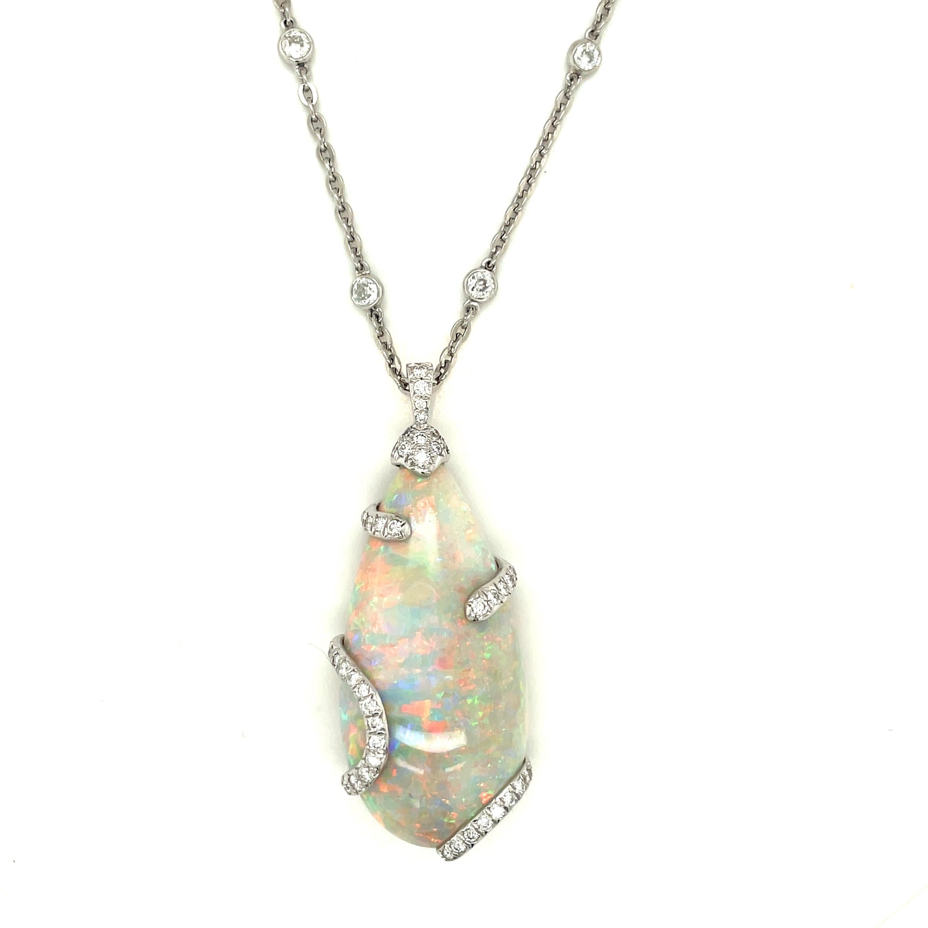 Cabochon Cellini Platinum 38.81ct Opal Pendant with 2.40Ct. of Diamonds