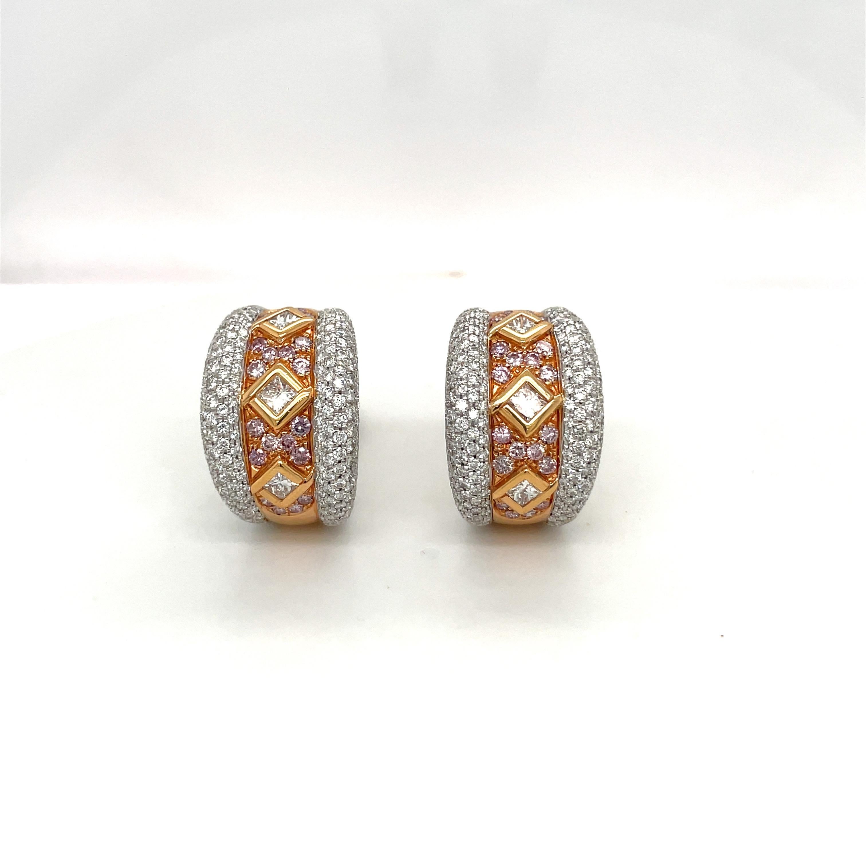 Modern Cellini Princess Cut Diamond Hoop Earrings with Pink Diamonds in 18kt Gold For Sale