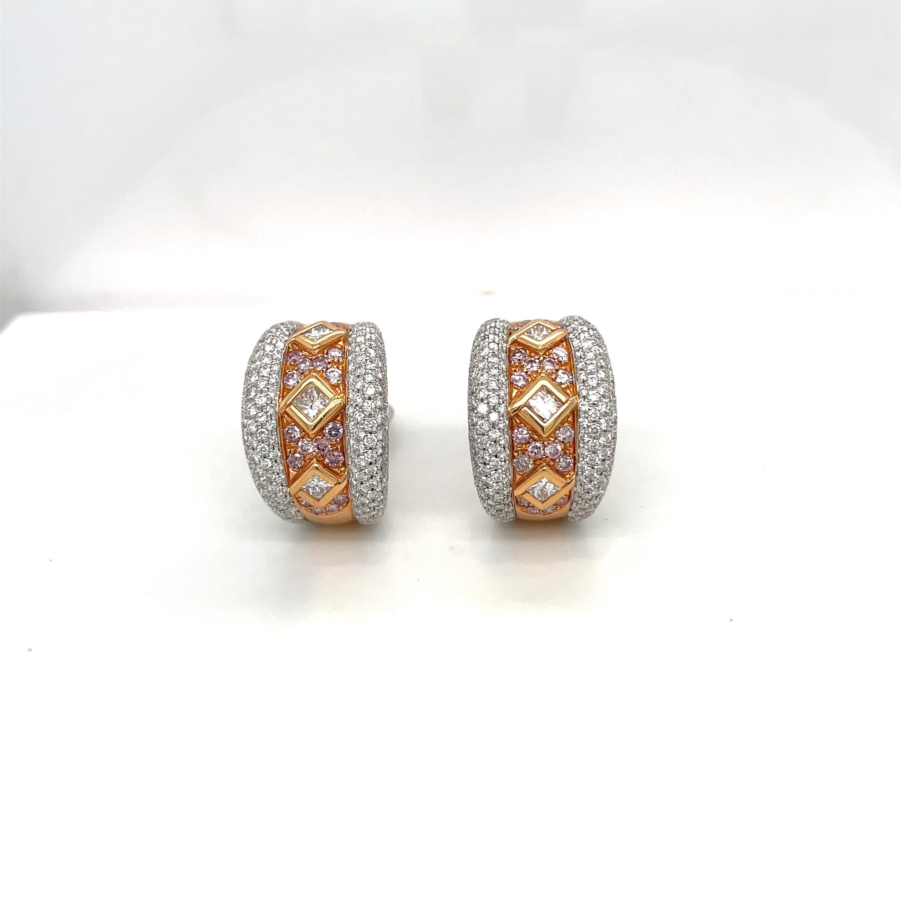Women's or Men's Cellini Princess Cut Diamond Hoop Earrings with Pink Diamonds in 18kt Gold For Sale