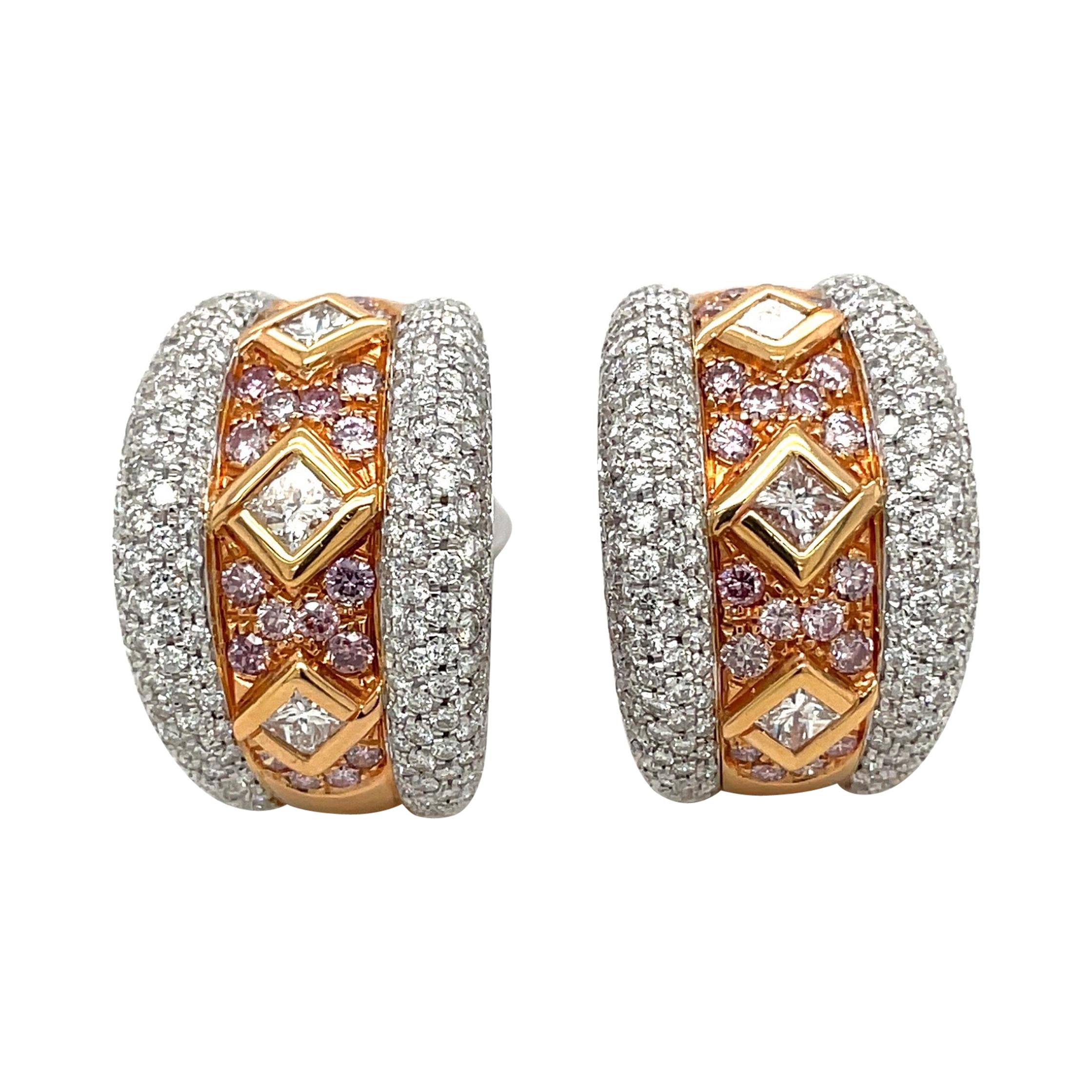 Cellini Princess Cut Diamond Hoop Earrings with Pink Diamonds in 18kt Gold