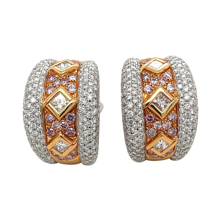 Cellini Princess Cut Diamond Hoop Earrings with Pink Diamonds in 18kt