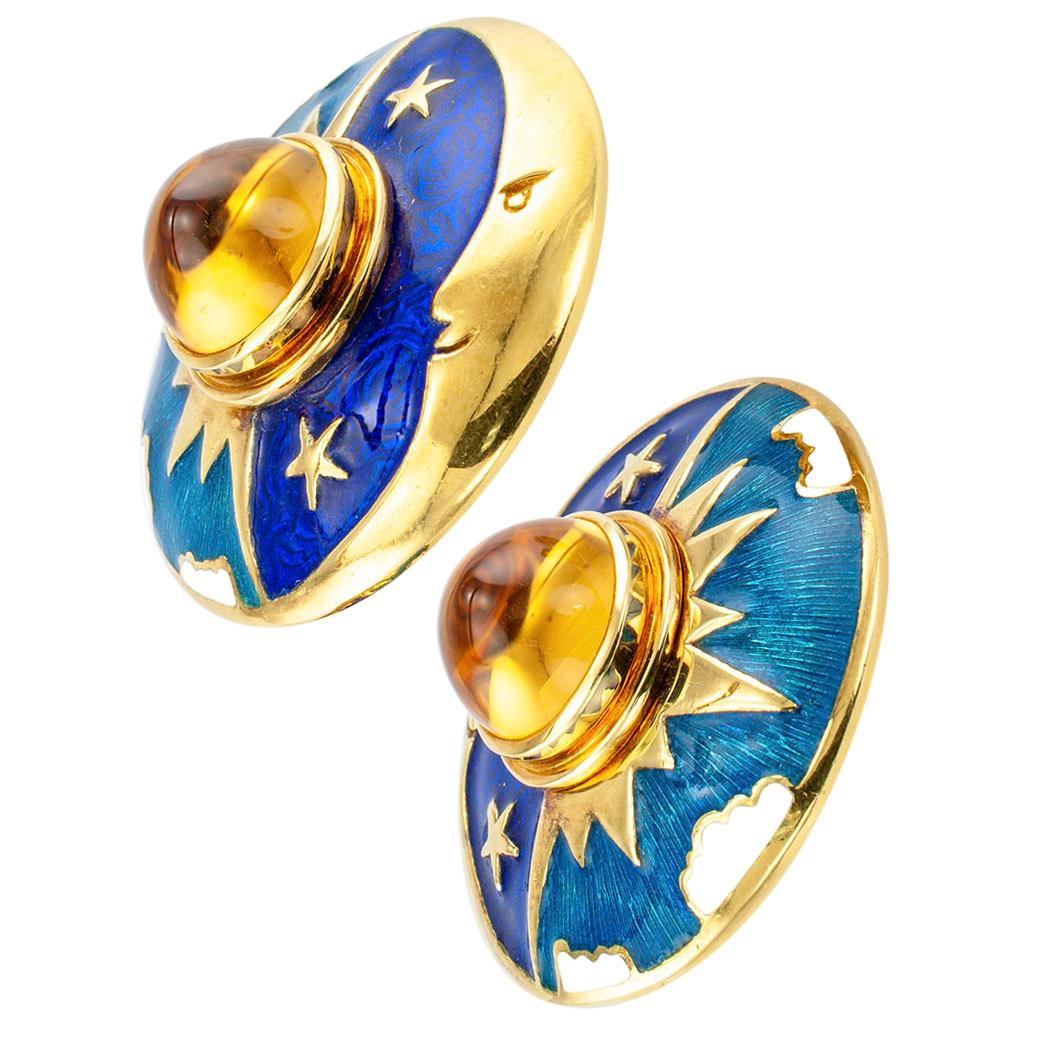 Contemporary Cellini Sun Moon Star Enamel Citrine Yellow Gold Earrings