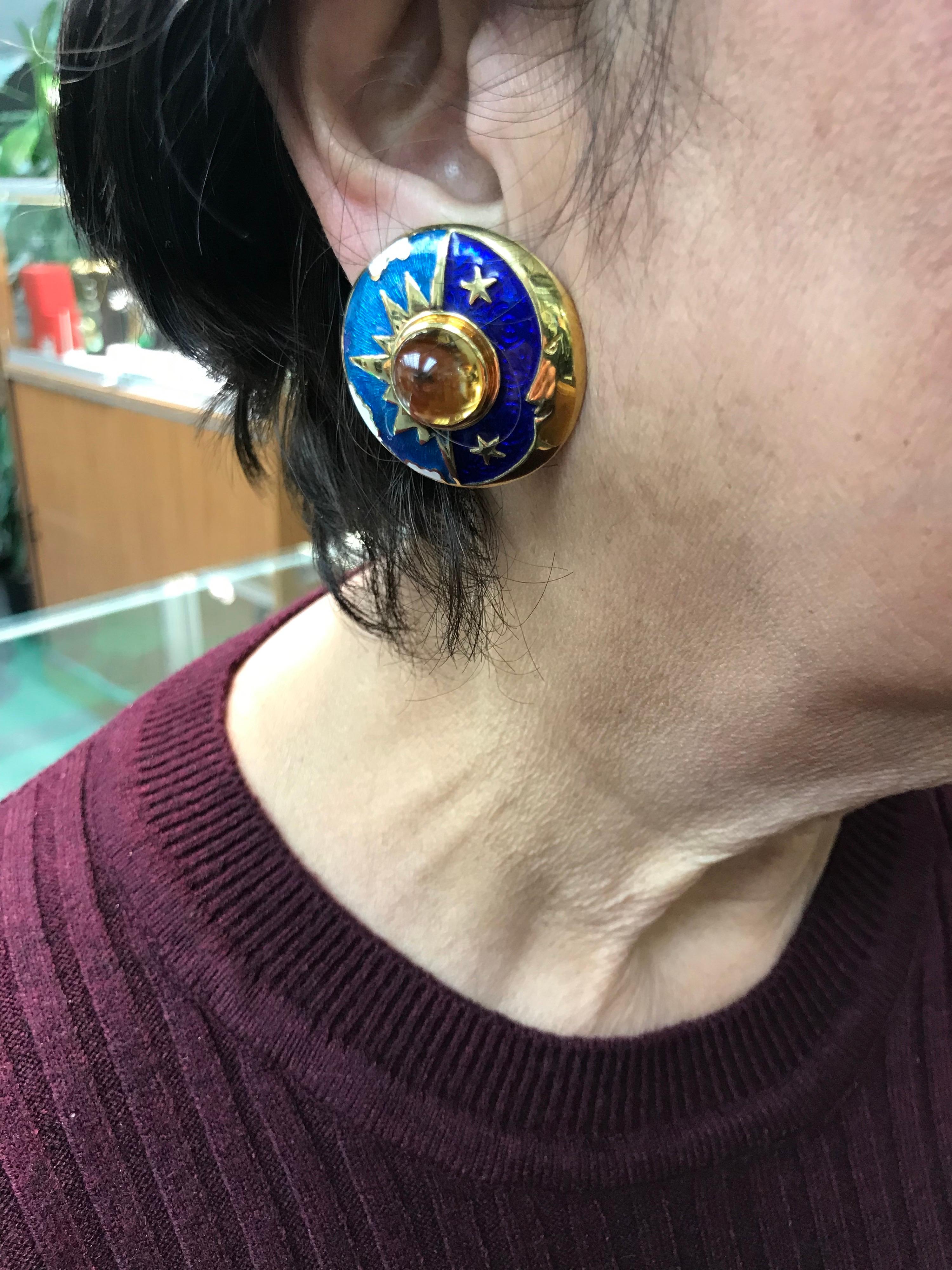 Cellini Sun Moon Star Enamel Citrine Yellow Gold Earrings 1