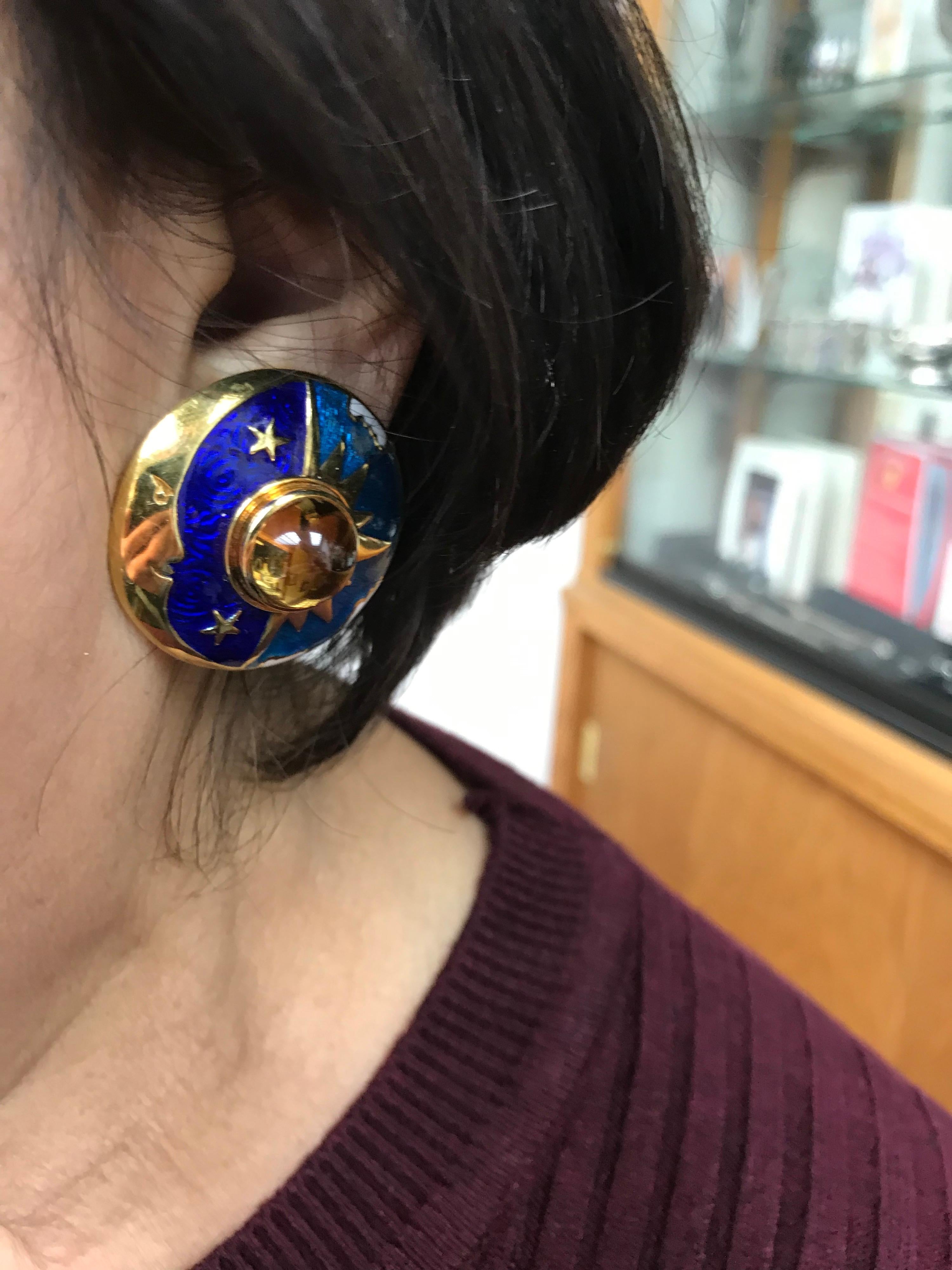 Cellini Sun Moon Star Enamel Citrine Yellow Gold Earrings 2