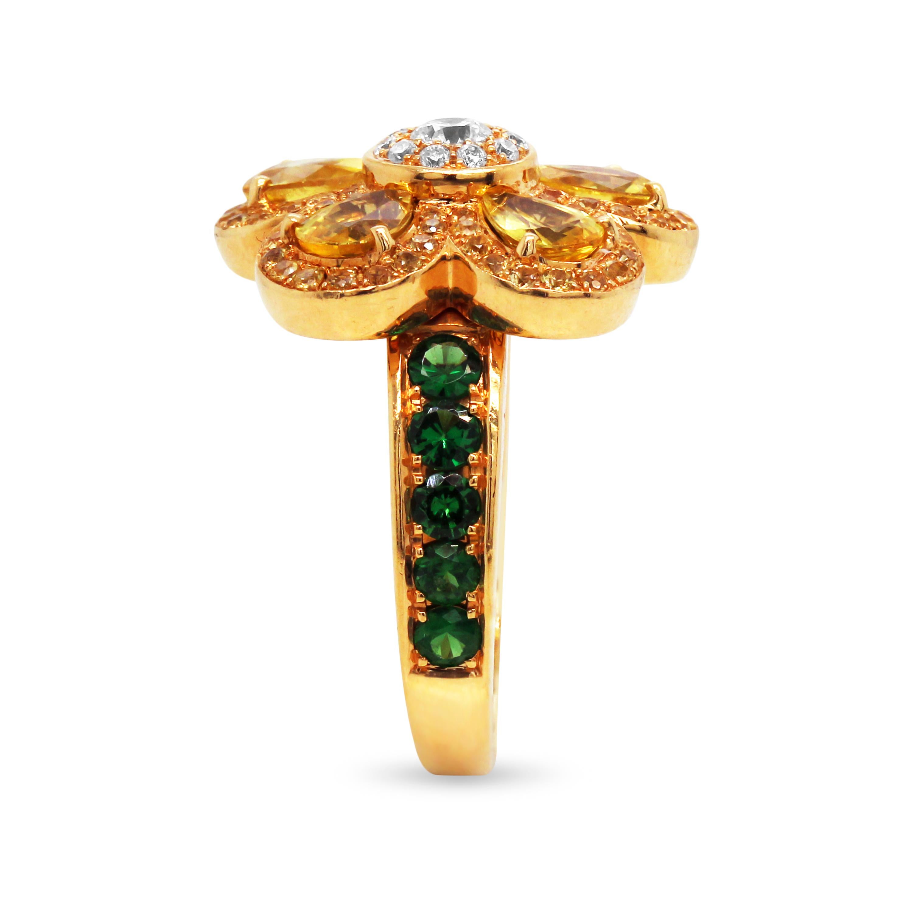 Contemporary Cellini Yellow Sapphire Tsavorite 18 Karat Gold Diamond Floral Cocktail Ring For Sale