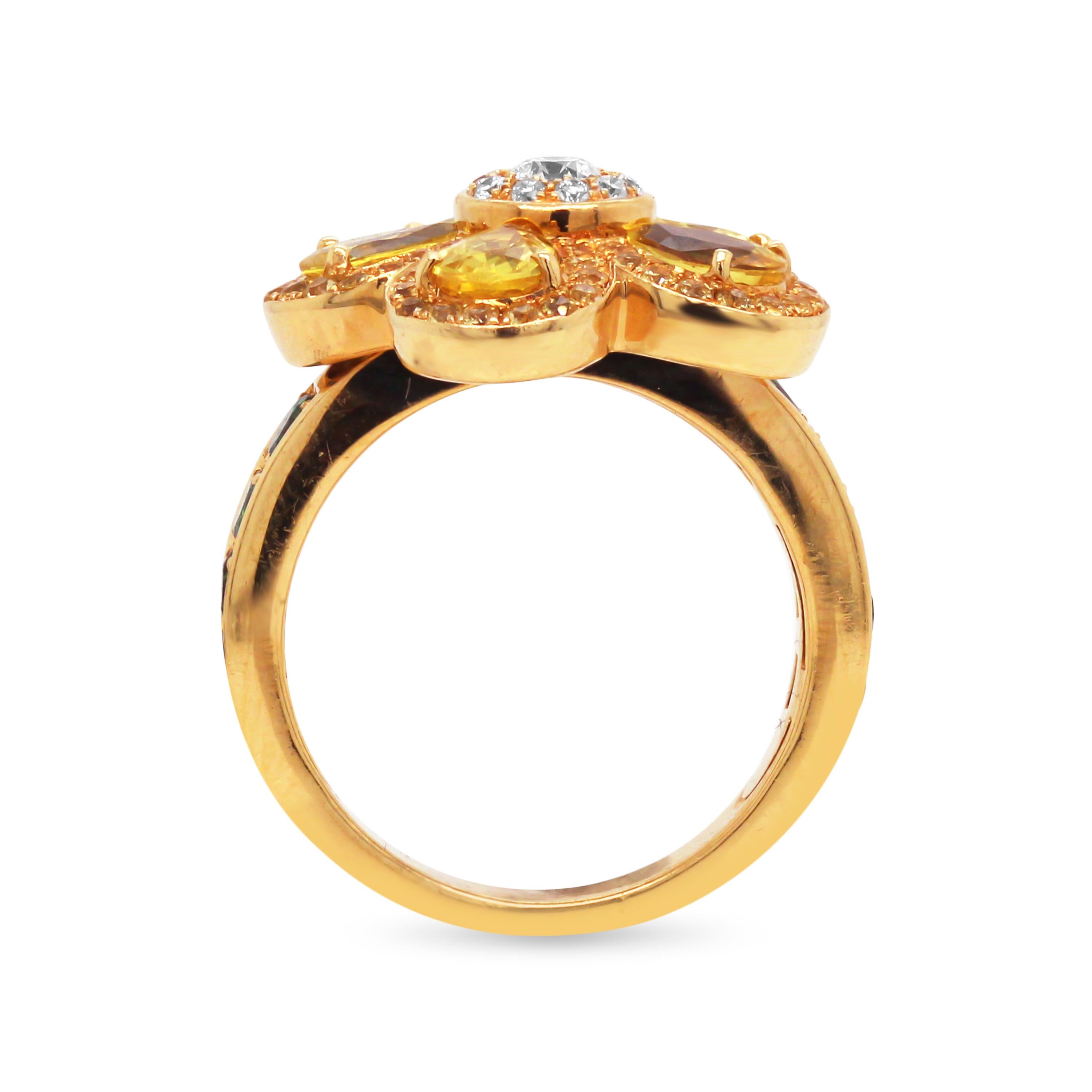Pear Cut Cellini Yellow Sapphire Tsavorite 18 Karat Gold Diamond Floral Cocktail Ring For Sale