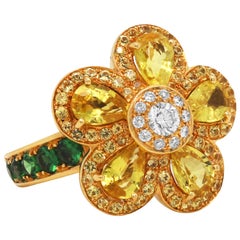 Cellini Yellow Sapphire Tsavorite 18 Karat Gold Diamond Floral Cocktail Ring