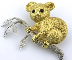 Cellino 18k Two Tone Gold Koala Brooch with Onyx Accents Vintage!
