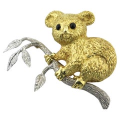Cellino Broche de oro de 18 quilates en dos tonos Koala con detalles de ónix ¡Vintage!