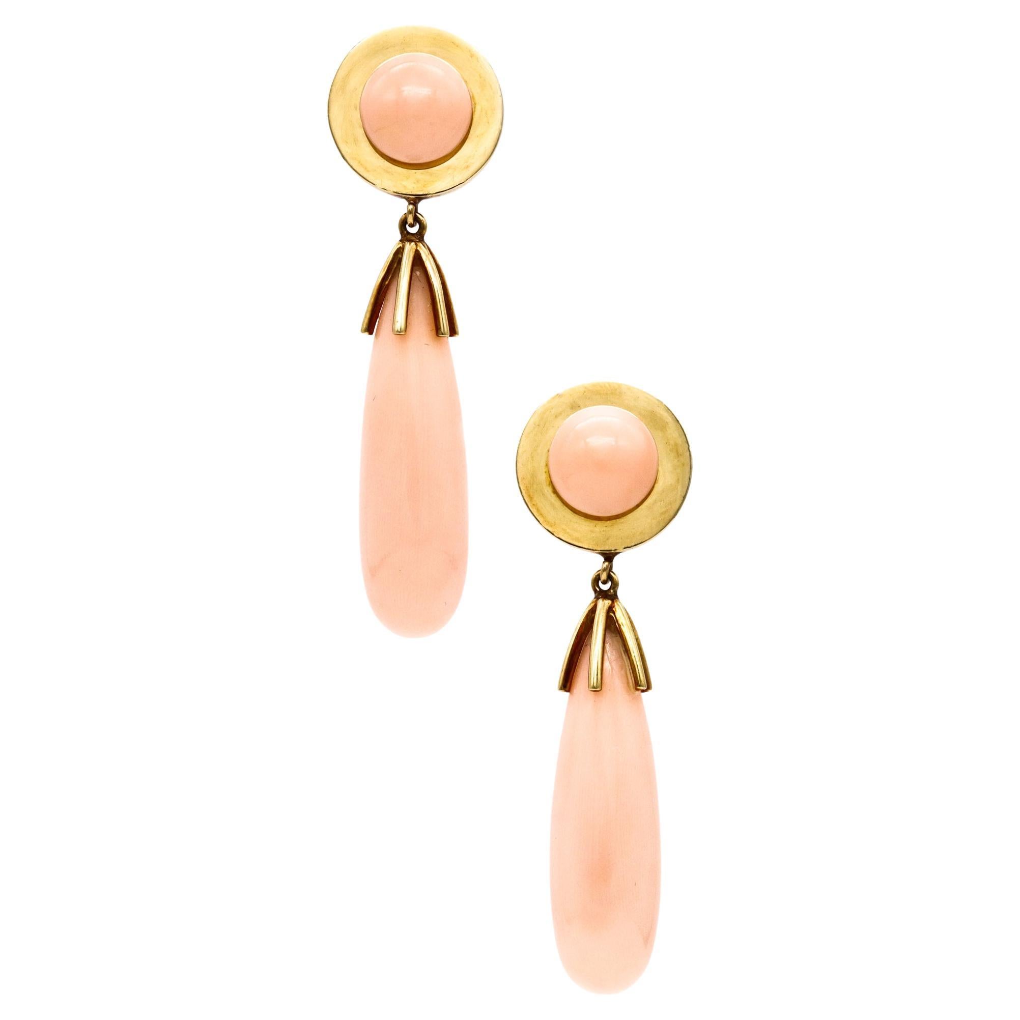 Cellino 1960 Italy Long Earrings 18Kt Yellow Gold with Angel's Skin Corals Drops For Sale
