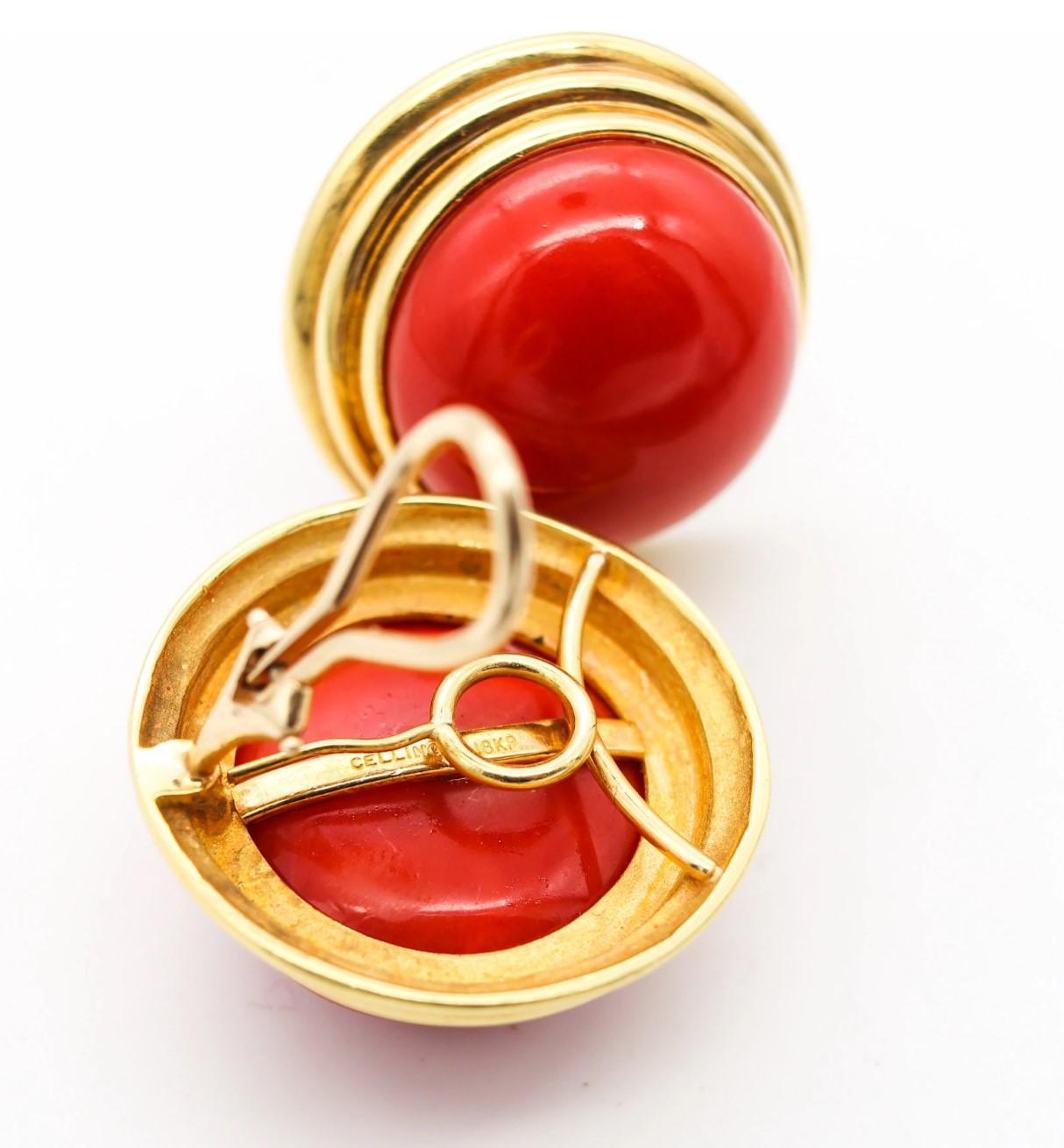 Modernist Cellino 1970 Italy Massive Earrings in 18Kt Gold 70.2 Ctw Sardinian Red Coral For Sale