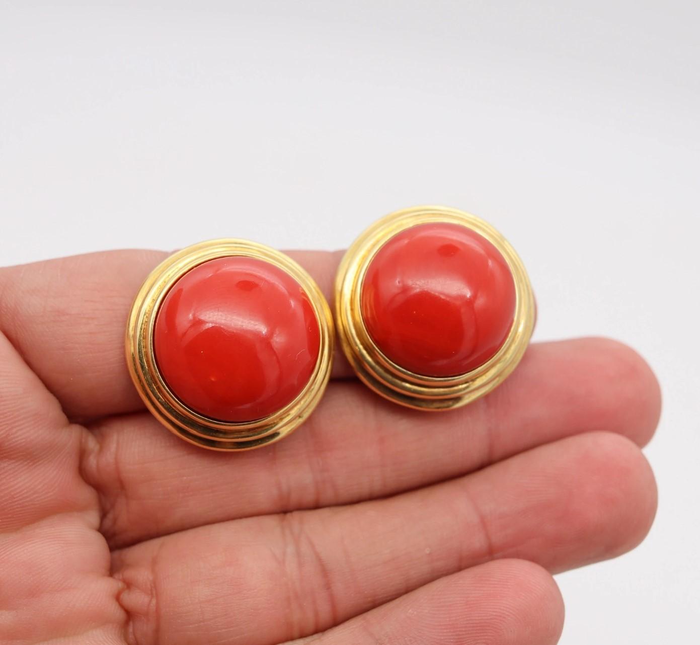Cabochon Cellino 1970 Italy Massive Earrings in 18Kt Gold 70.2 Ctw Sardinian Red Coral For Sale