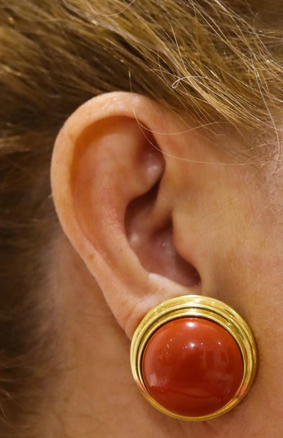 Women's Cellino 1970 Italy Massive Earrings in 18Kt Gold 70.2 Ctw Sardinian Red Coral For Sale