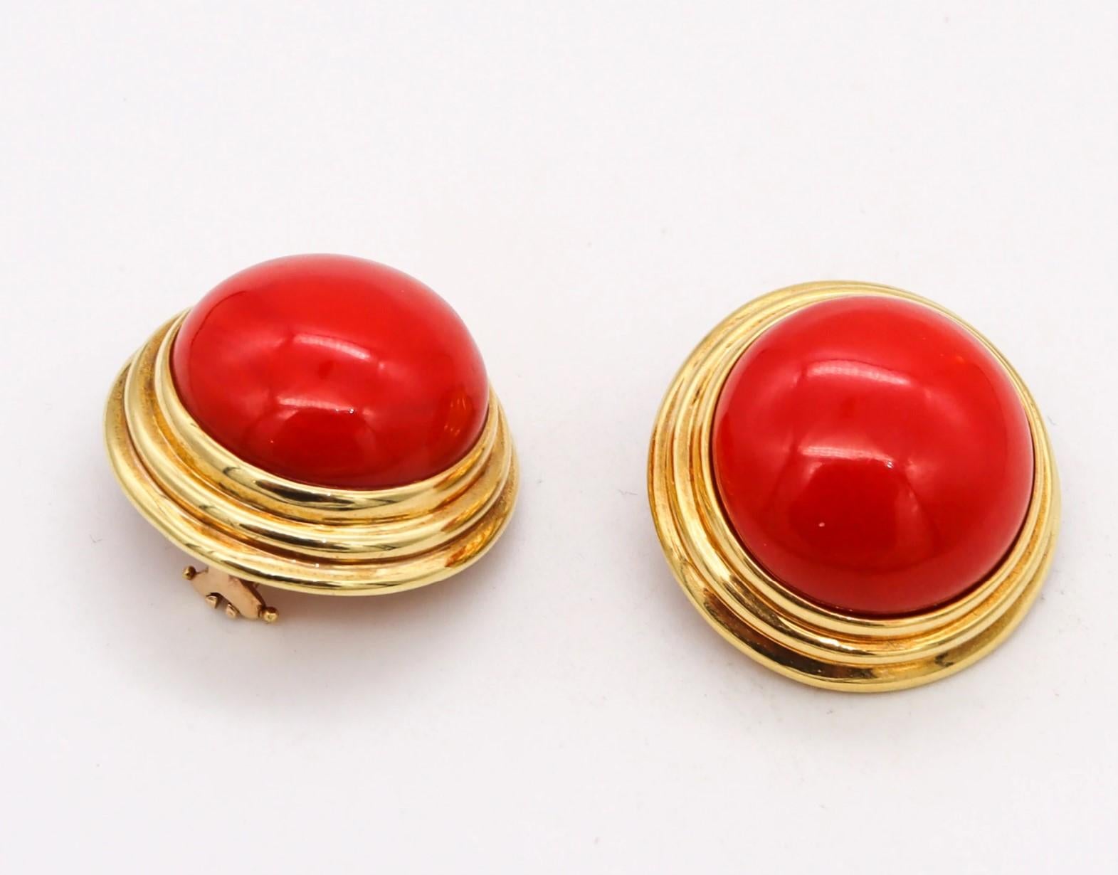 Cellino 1970 Italy Massive Earrings in 18Kt Gold 70.2 Ctw Sardinian Red Coral For Sale 1