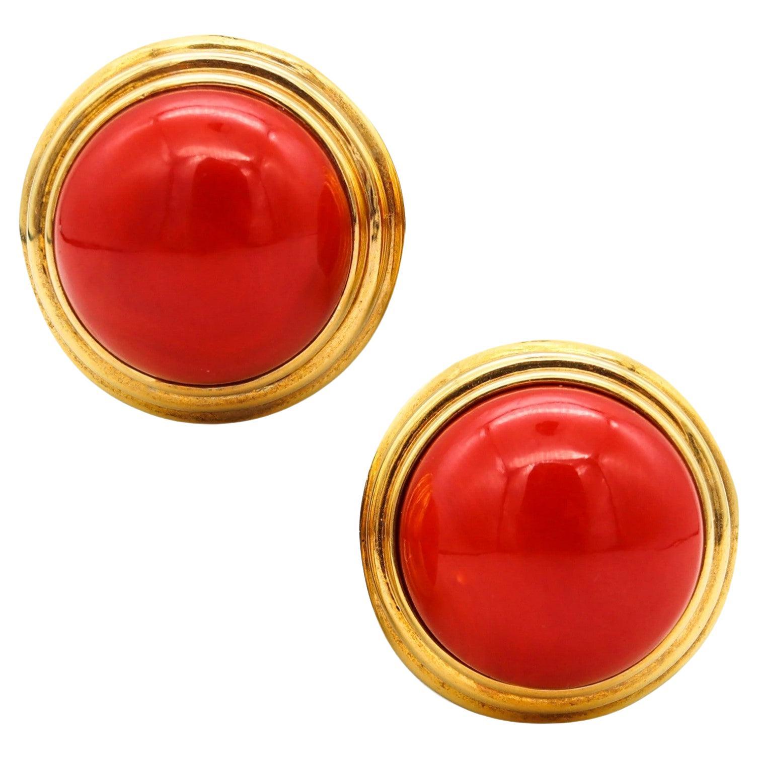 Cellino 1970 Italy Massive Earrings in 18Kt Gold 70.2 Ctw Sardinian Red Coral For Sale