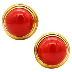 Cellino 1970 Italy Massive Earrings in 18Kt Gold 70.2 Ctw Sardinian Red Coral