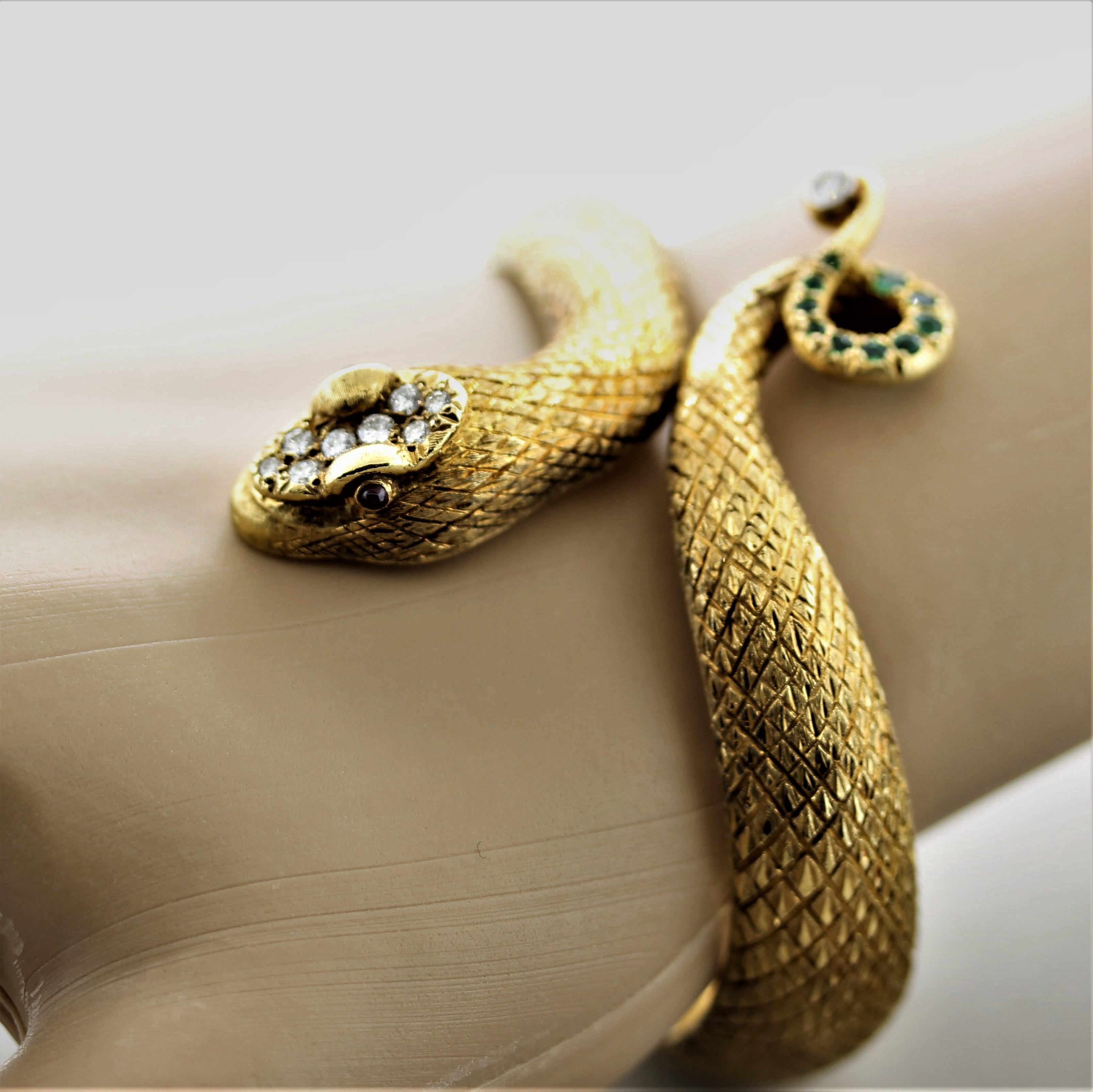 Women's or Men's Cellino Diamond Gemstone Gold Snake Bangle Bracelet For Sale