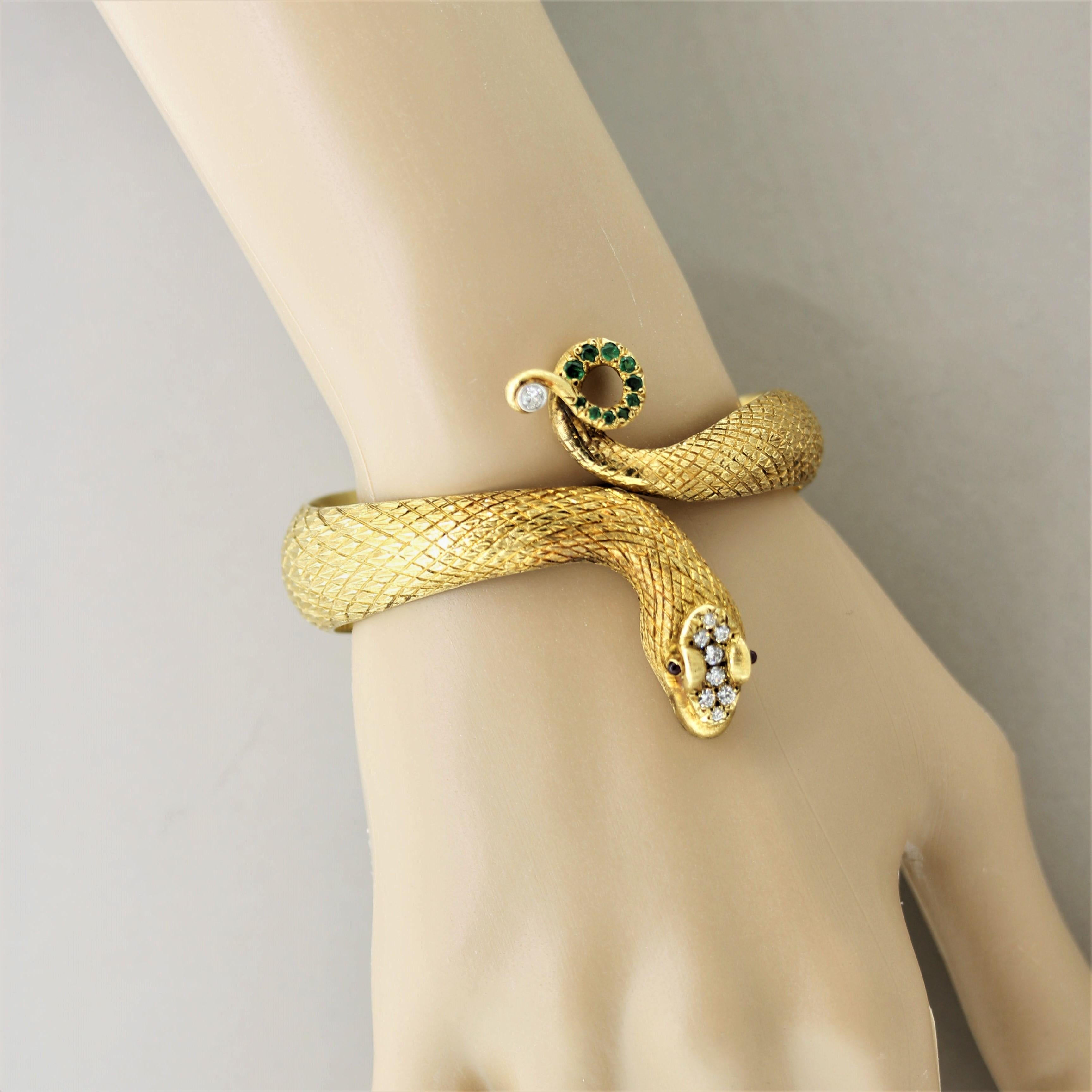 Cellino Diamond Gemstone Gold Snake Bangle Bracelet For Sale 1
