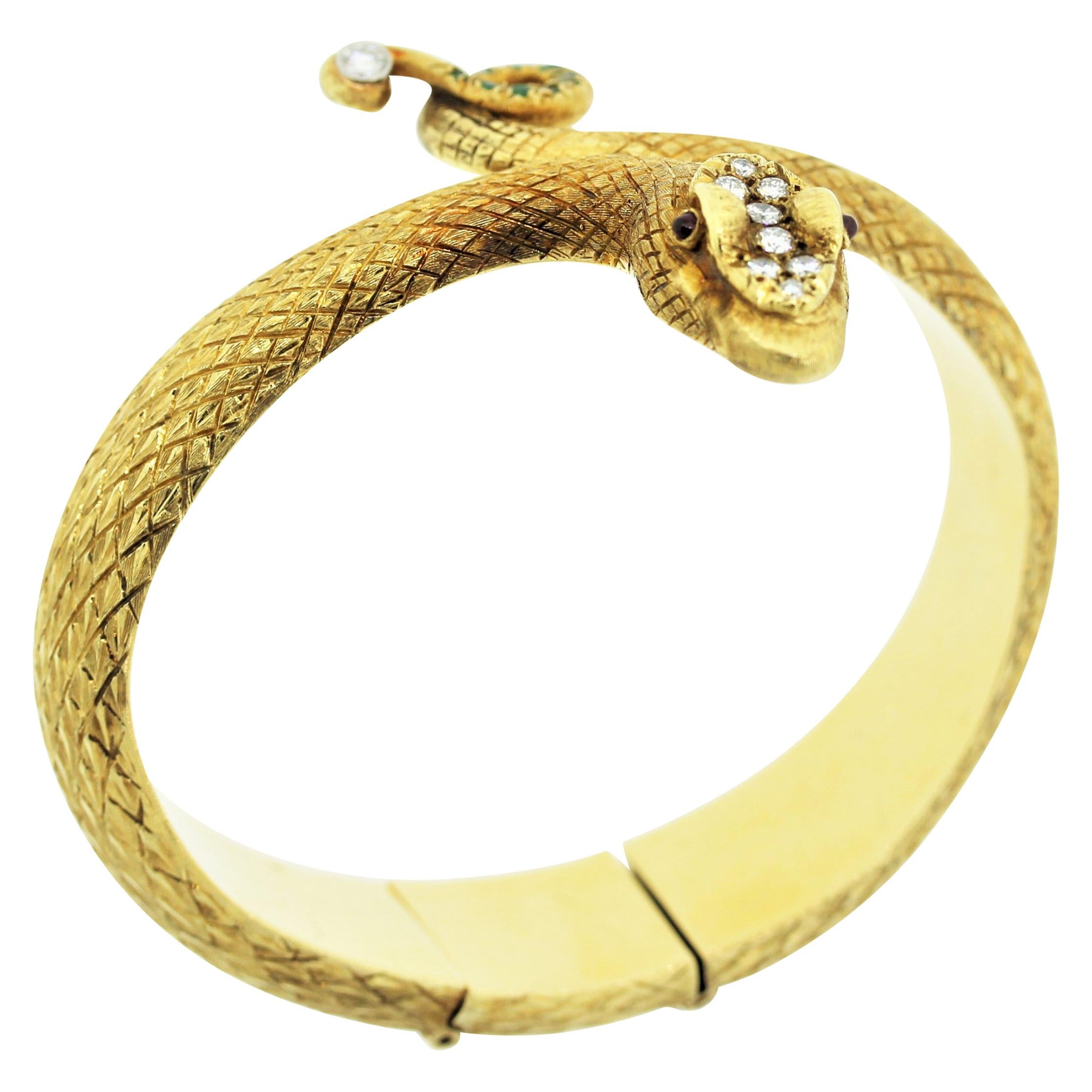 Cellino Diamond Gemstone Gold Snake Bangle Bracelet For Sale